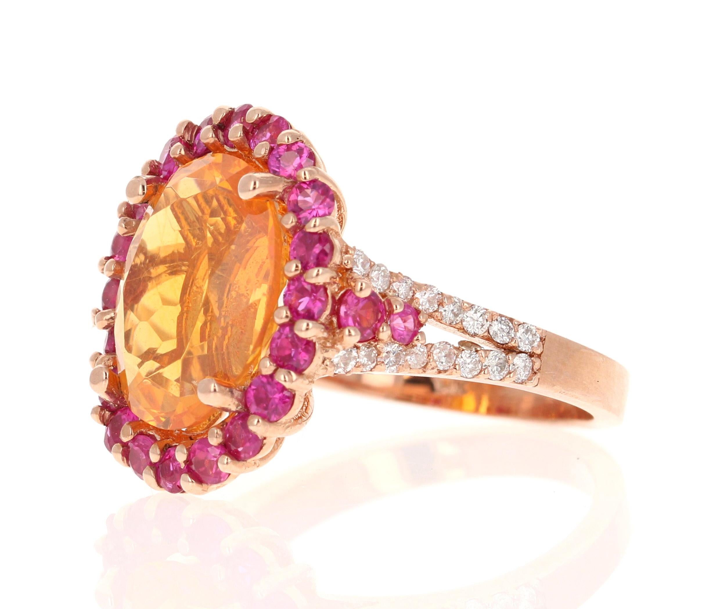Contemporary 5.27 Carat Oval Cut Fire Opal Sapphire Diamond Rose Gold Cocktail Ring For Sale