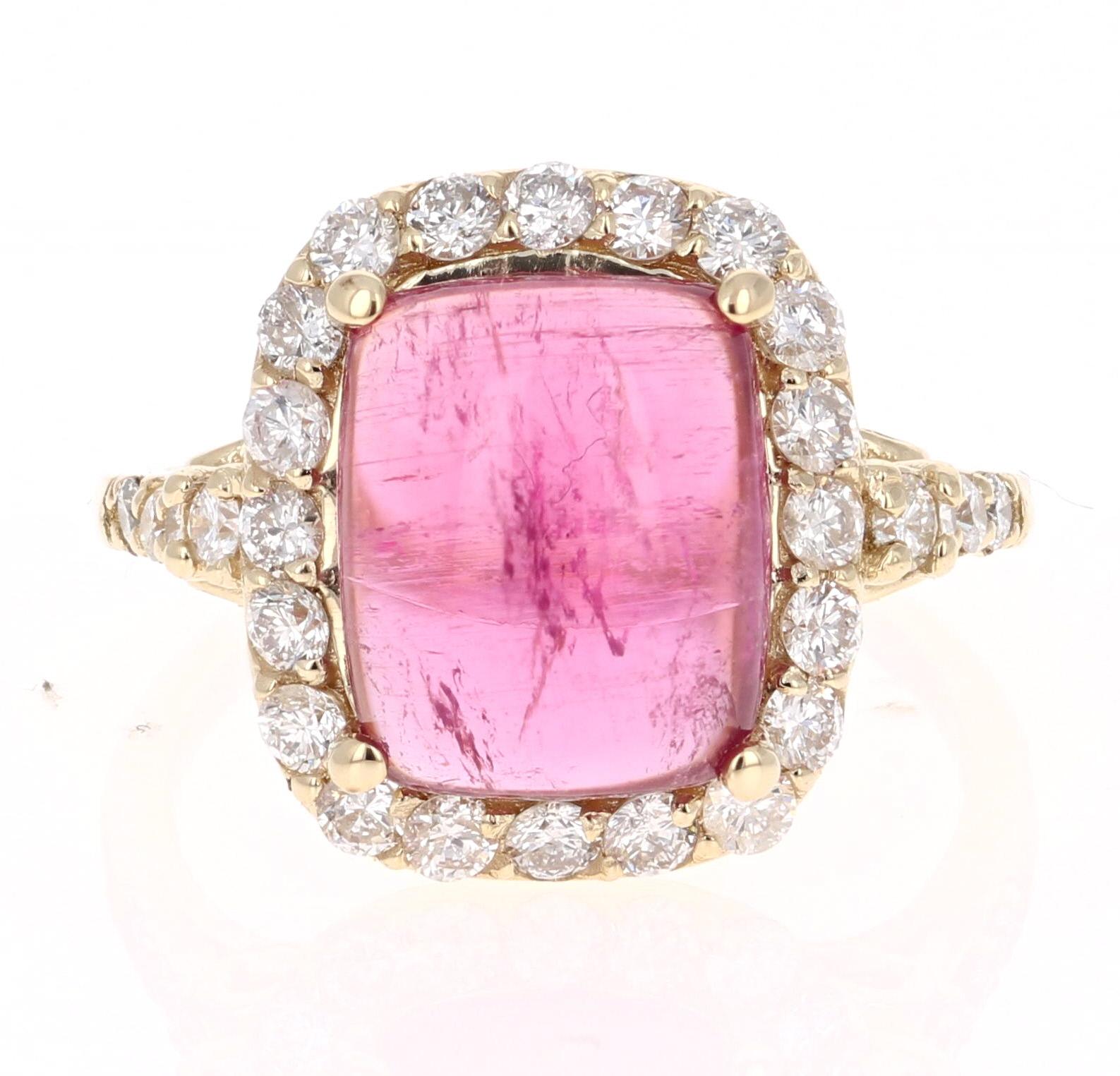 Stunning and uniquely designed 6.86 Carat Pink Tourmaline and  Diamond Yellow Gold Cocktail Ring! 

This ring has a 4.40 carat Cabochon Cut Pink Tourmaline that is set in the center of the ring and is surrounded by 28 Round Cut Diamonds that weigh