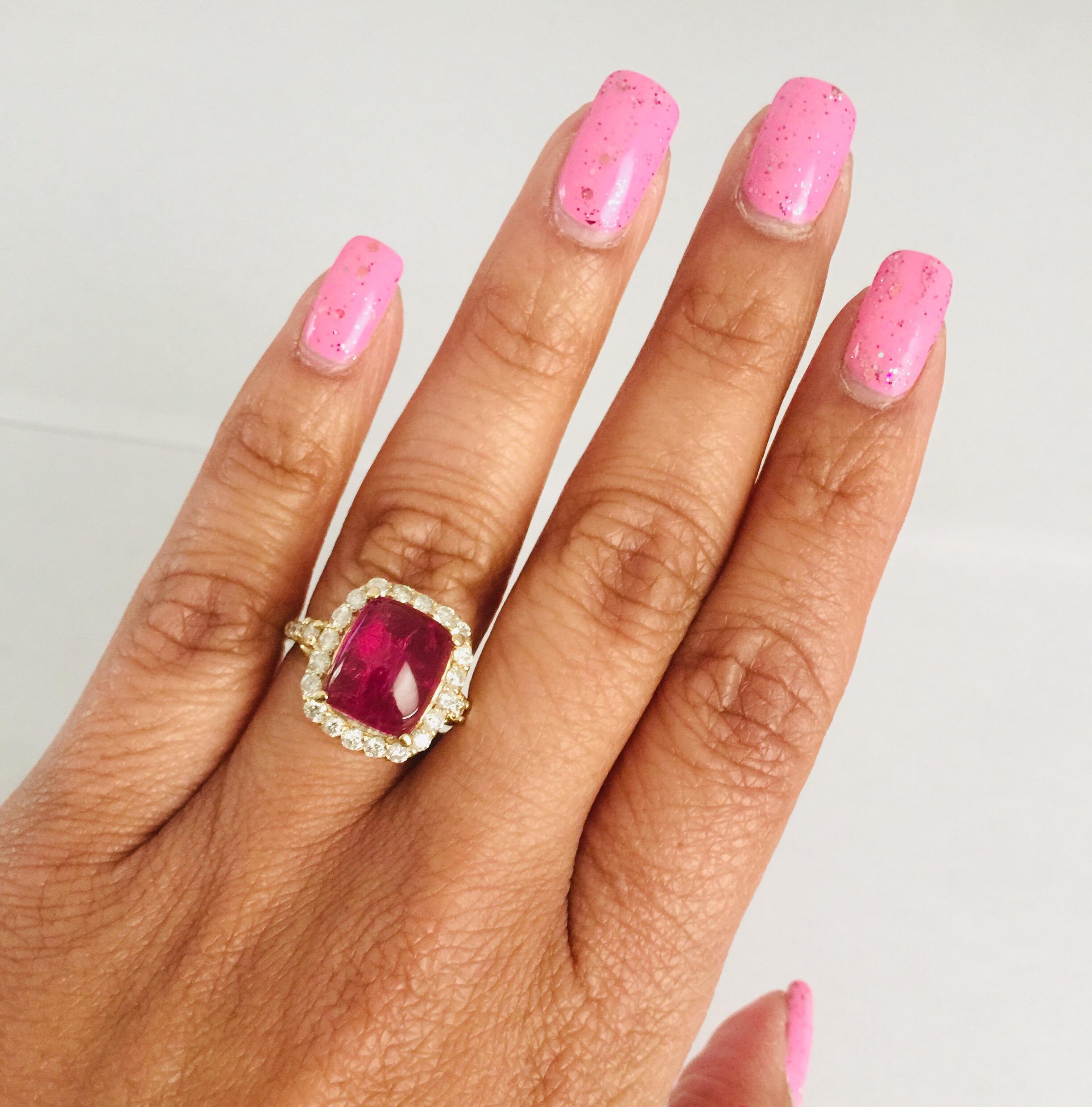 5.27 Carat Pink Tourmaline Diamond 14 Karat Yellow Gold Cocktail Ring In New Condition In Los Angeles, CA