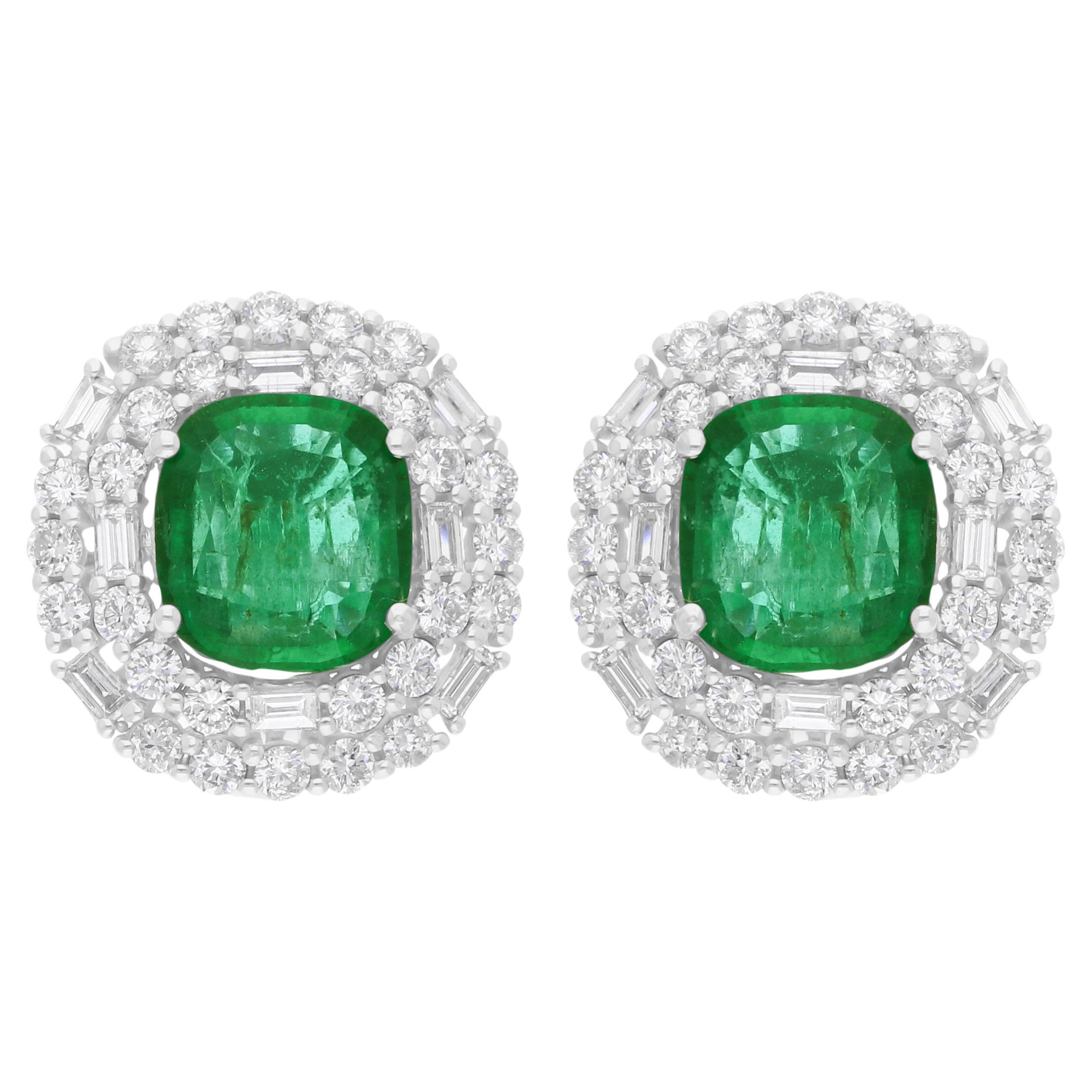 5.27 Carat Zambian Emerald 2.28 Carat SI/H Diamond 14 Karat White Gold Earrings