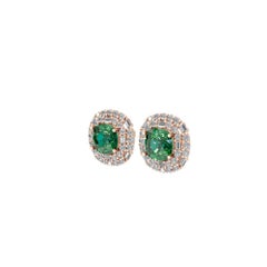 5.27 Ct Cushion Cut Emerald 2.28Ct SI/H Diamond Halo Stud Earrings 18K Rose Gold