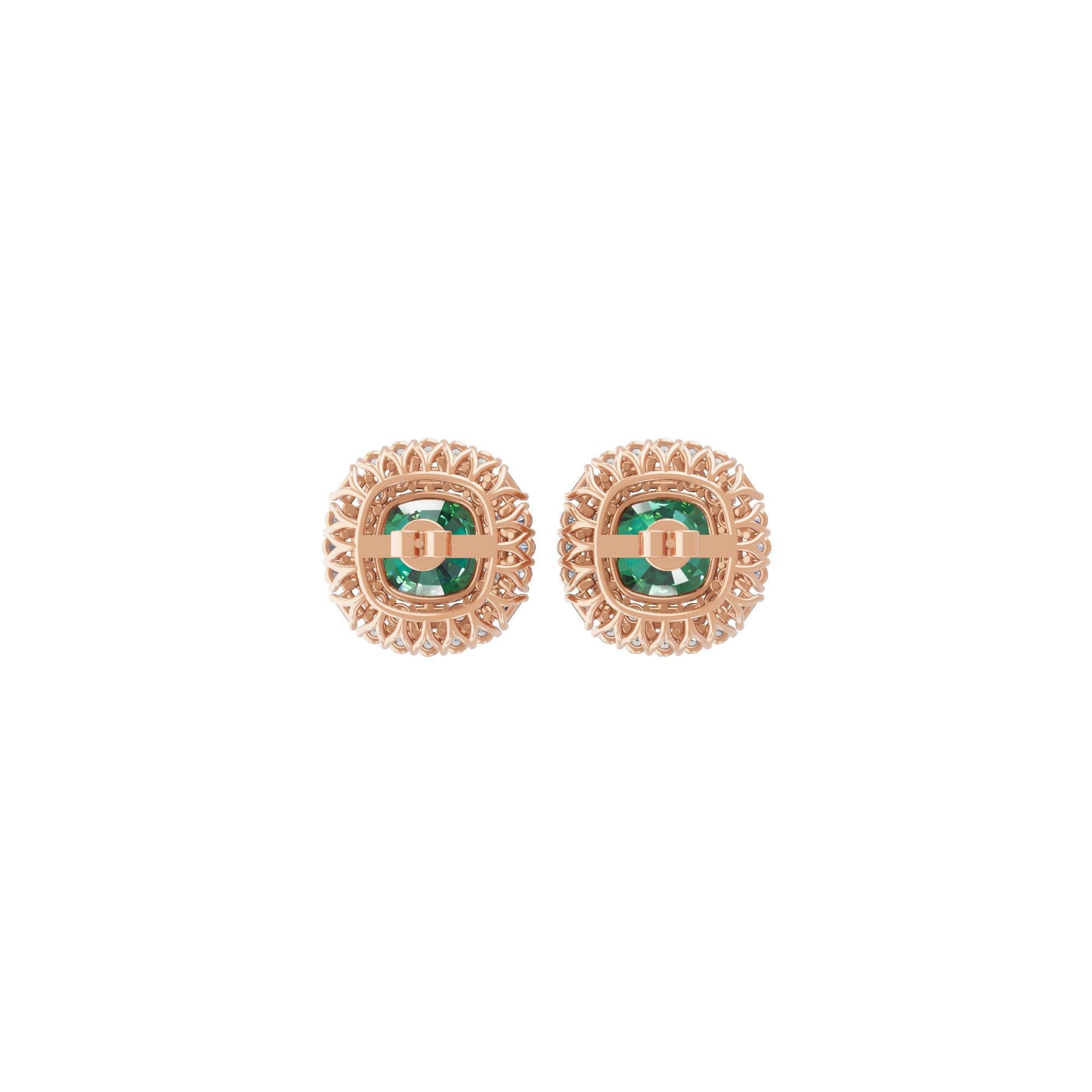 Cushion Cut 5.27 Carat Zambian Emerald 2.28 Carat SI/H Diamond 18 Karat Rose Gold Earrings For Sale