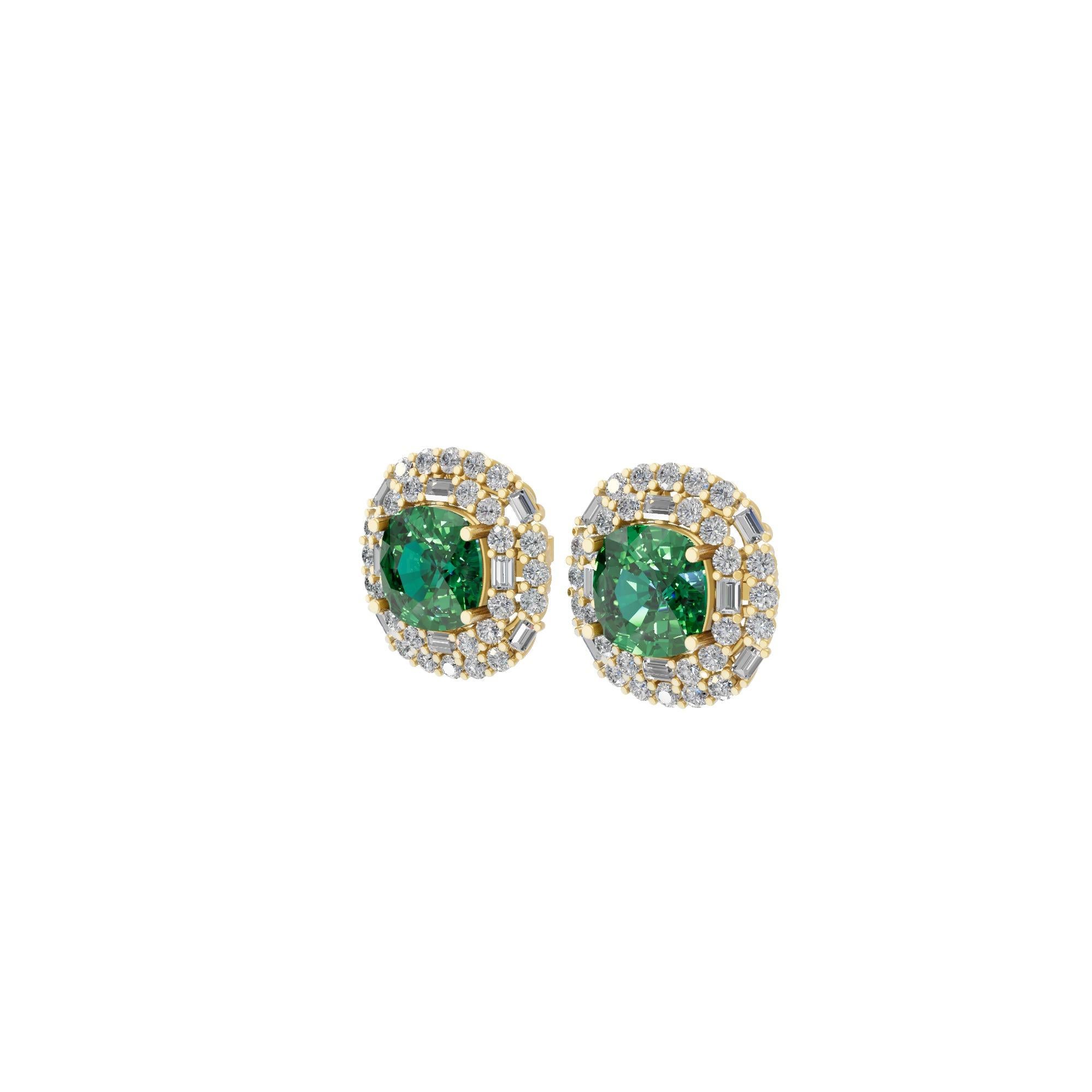 Modern 5.27 Carat Zambian Emerald 2.28 Carat SI/H Diamond 18 Karat Yellow Gold Earrings For Sale