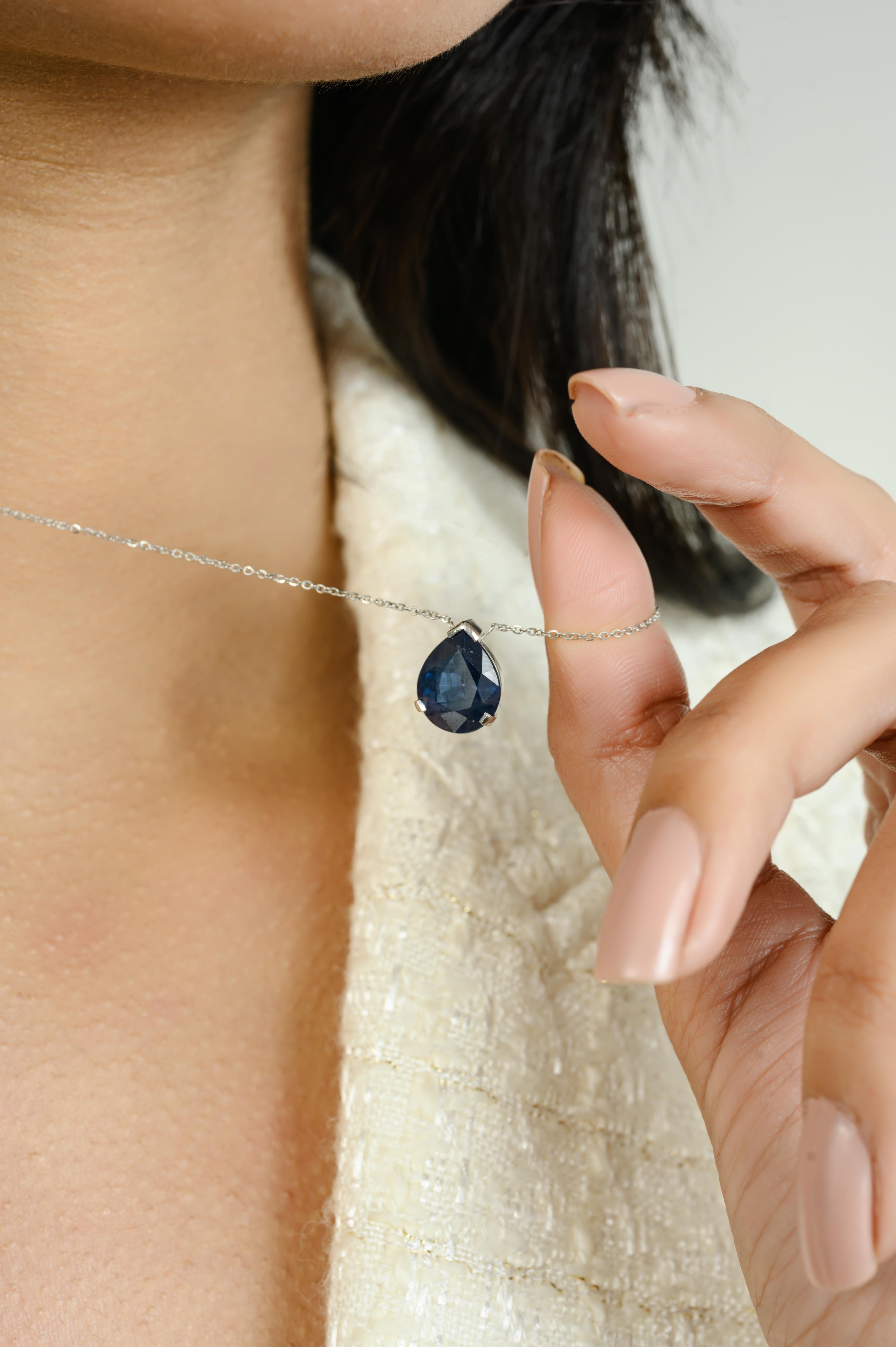 5.27Carats Pear Cut Blue Sapphire Pendant Necklace with Chain in 18K White Gold studded with pear cut blue sapphire of 5.27 carats. This stunning piece of jewelry instantly elevates a casual look or dressy outfit. 
Sapphire stimulate concentration
