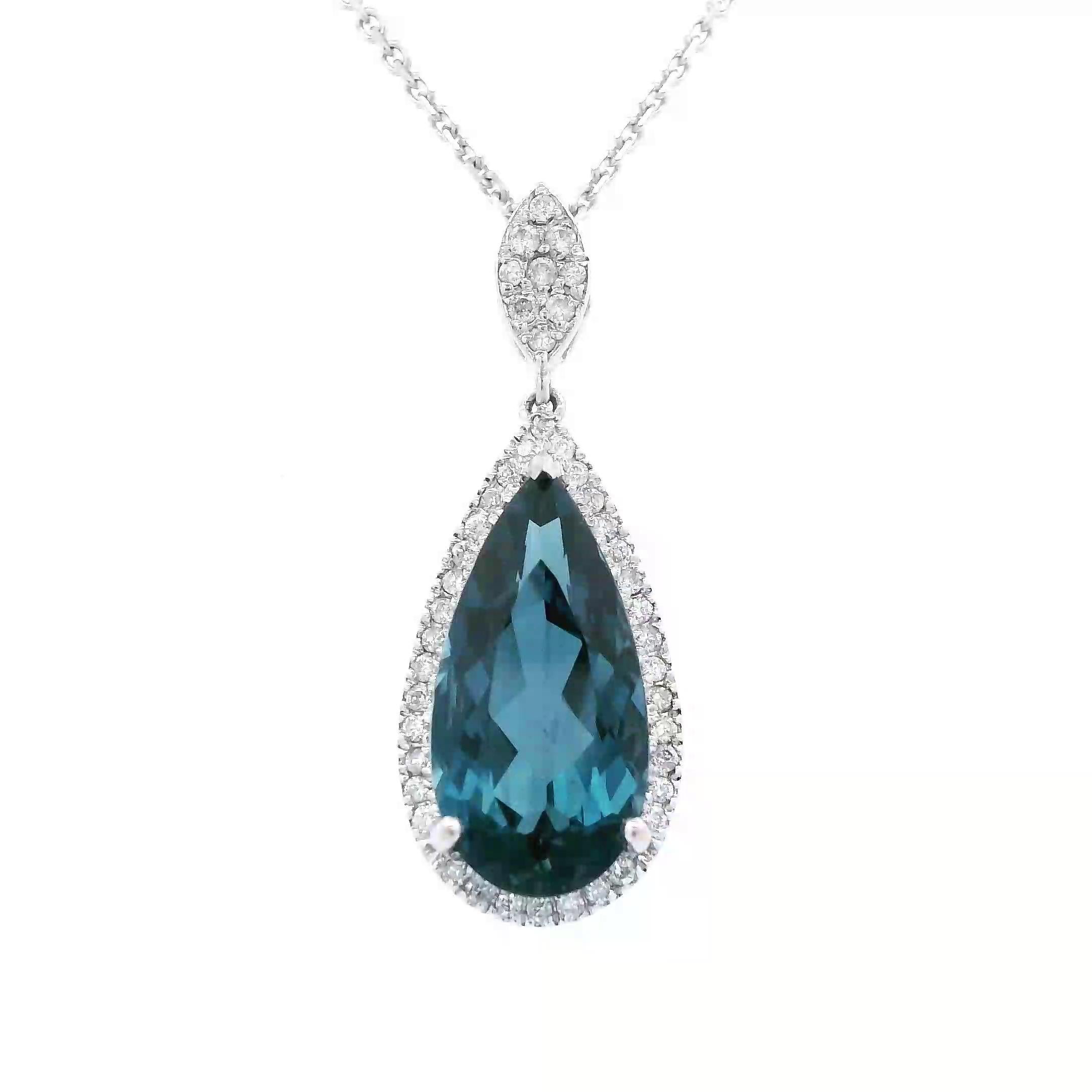 Contemporary 5.27ct Pear London Blue Topaz & Diamond Pendant Necklace White Gold For Sale