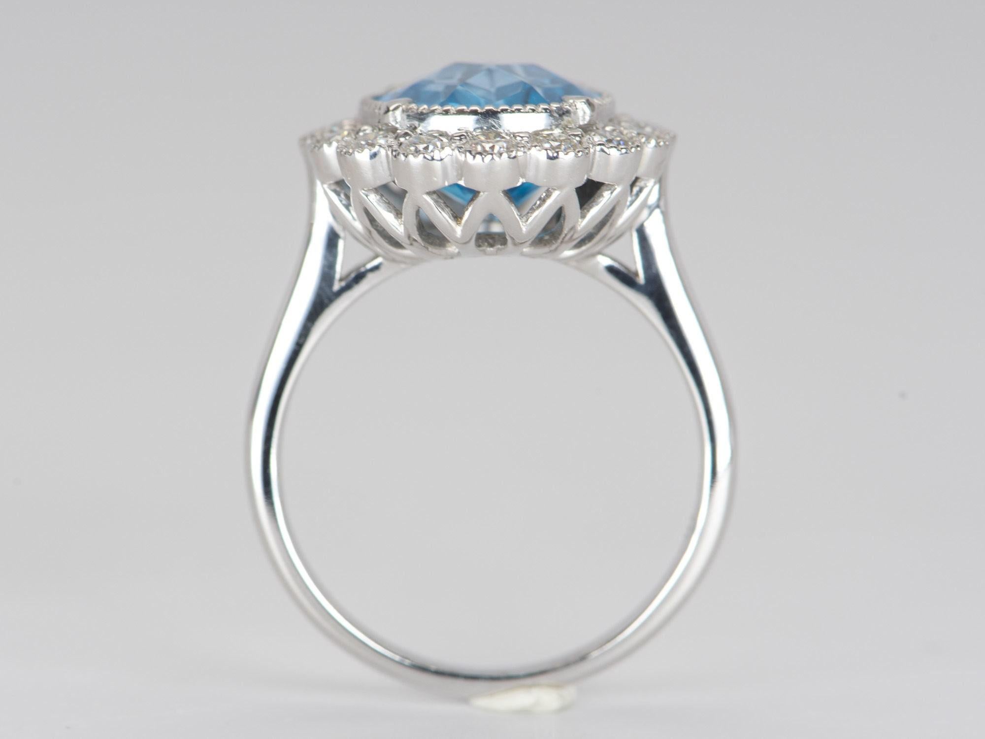 Oval Cut 5.27ct Swiss Blue Topaz with Moissanite Halo 9K White Gold Statement Ring R6305 For Sale