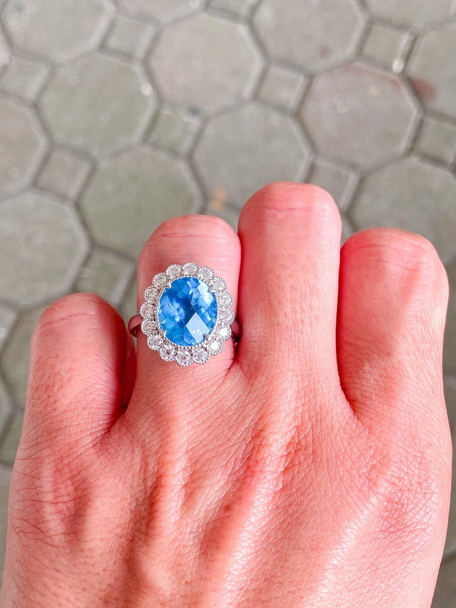 5.27ct Swiss Blue Topaz with Moissanite Halo 9K White Gold Statement Ring R6305 In New Condition For Sale In Osprey, FL