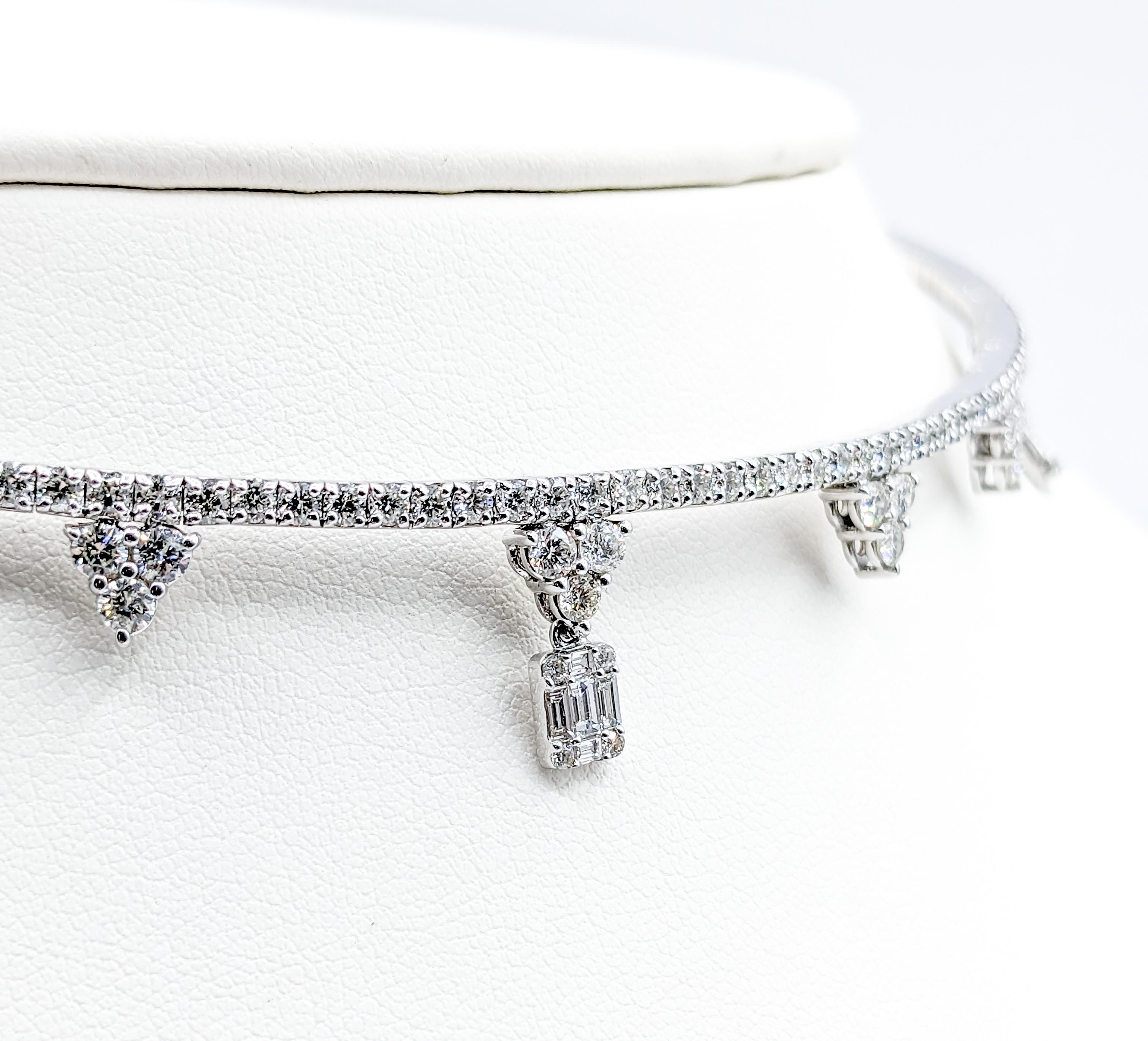 Discover a symphony of craftsmanship and sparkle with our 5.27ctw Diamond and 14K White Gold Flexible Choker Necklace, a piece that seamlessly blends luxury and sophistication.

Immerse yourself in the radiant allure bestowed by 5.27 carats of