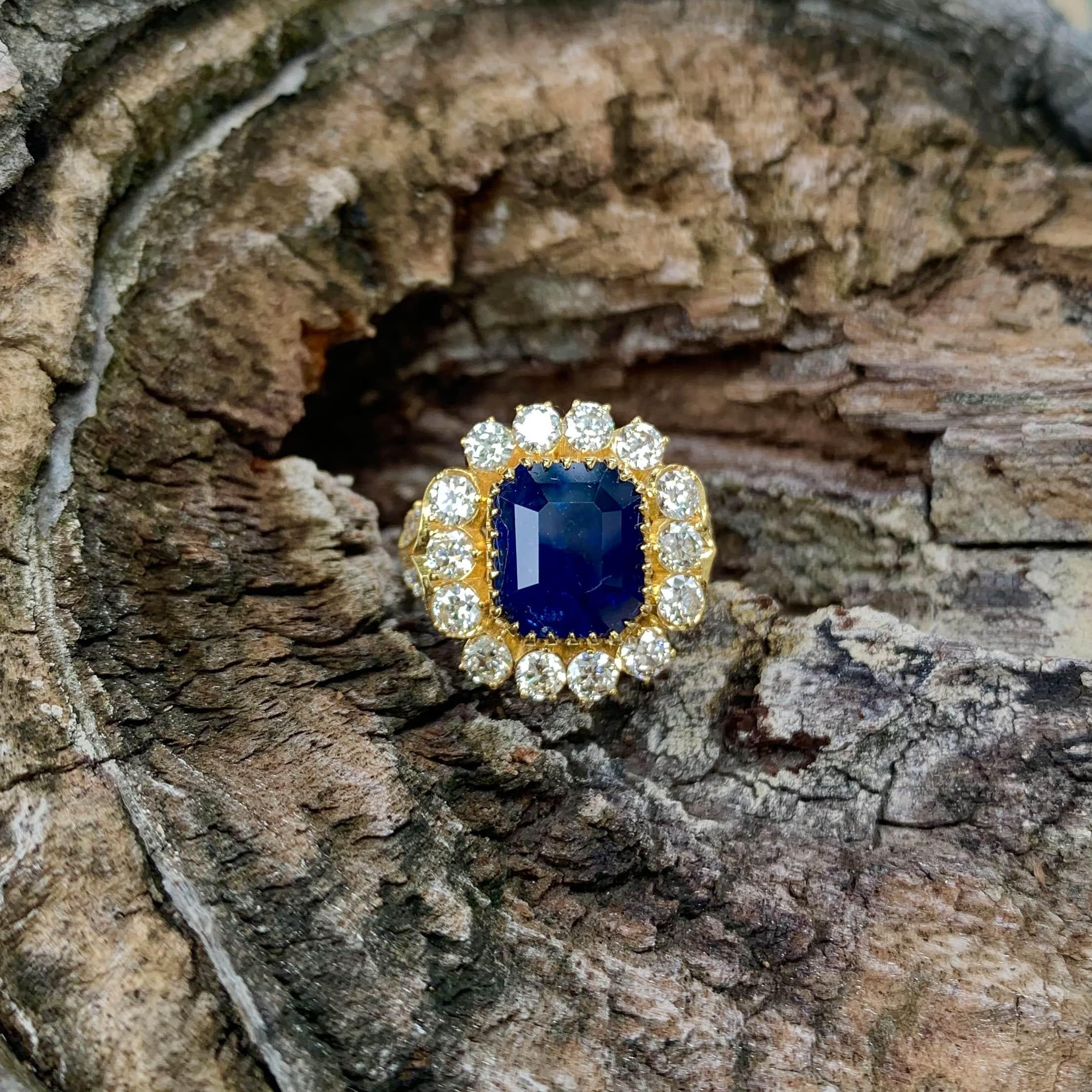 Cushion Cut Women's 5.28 Carat Art Deco Sapphire Ring with Old Cut Diamonds in 18K Gold For Sale