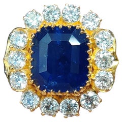 5.28 Carat Art Deco Era Ceylon Blue Sapphire with Old Cut Diamonds 18k Gold