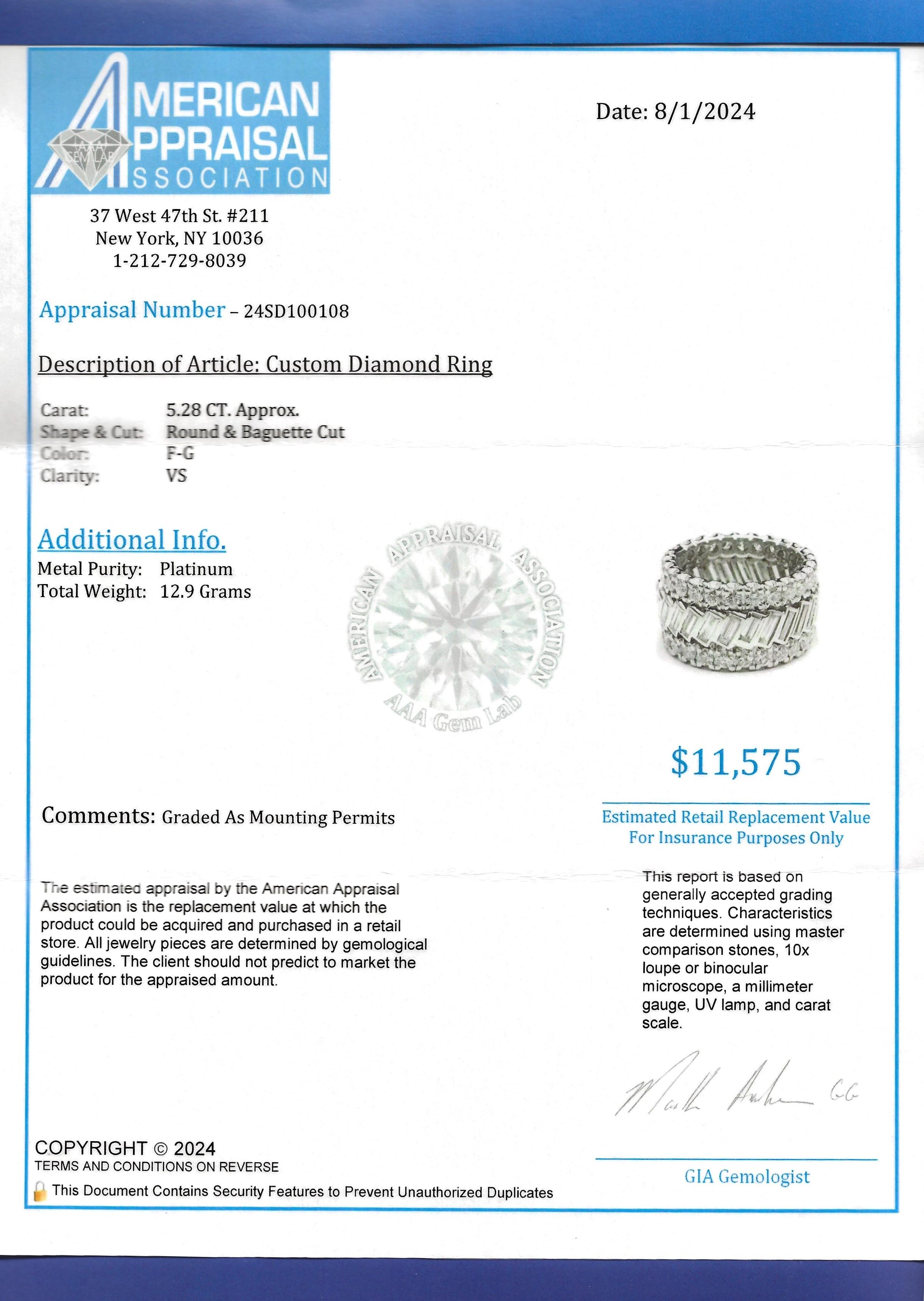 Anello a fascia in platino a tre file di diamanti rotondi e a baguette da 5,28 carati F-G / VS in vendita 4