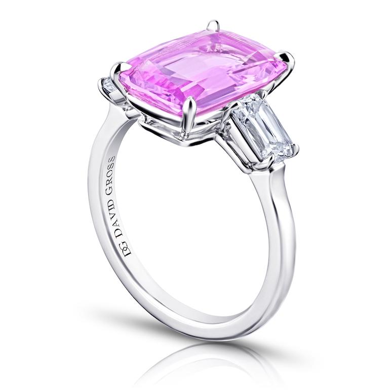 5.28 CT Cushion Light Pink Sapphire with Cushion Modified Brilliant Diamonds 1.04 carats set in a Platinum ring