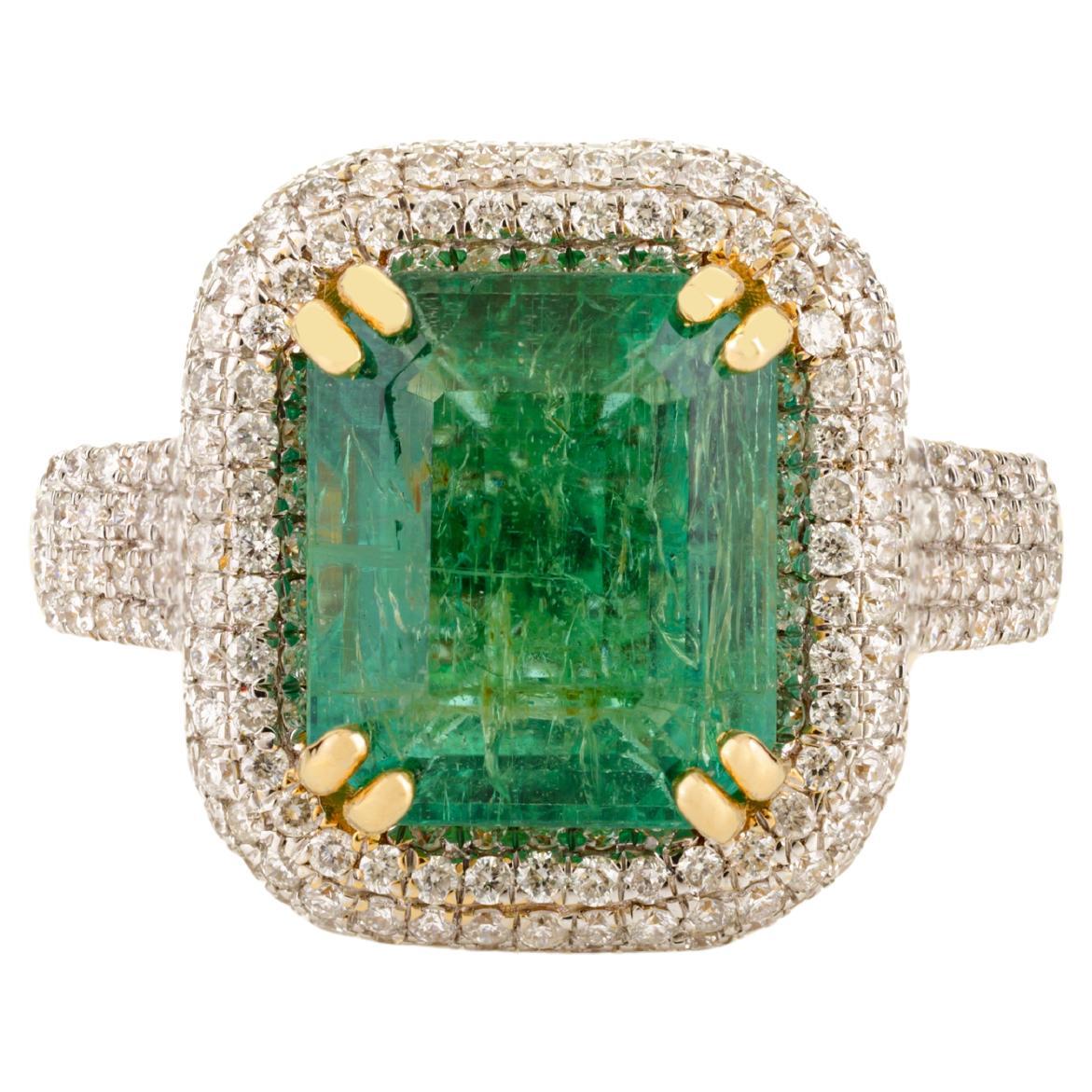 Bague cocktail émeraude et diamant de 5,28 carats en or jaune 18k, doublement sertie