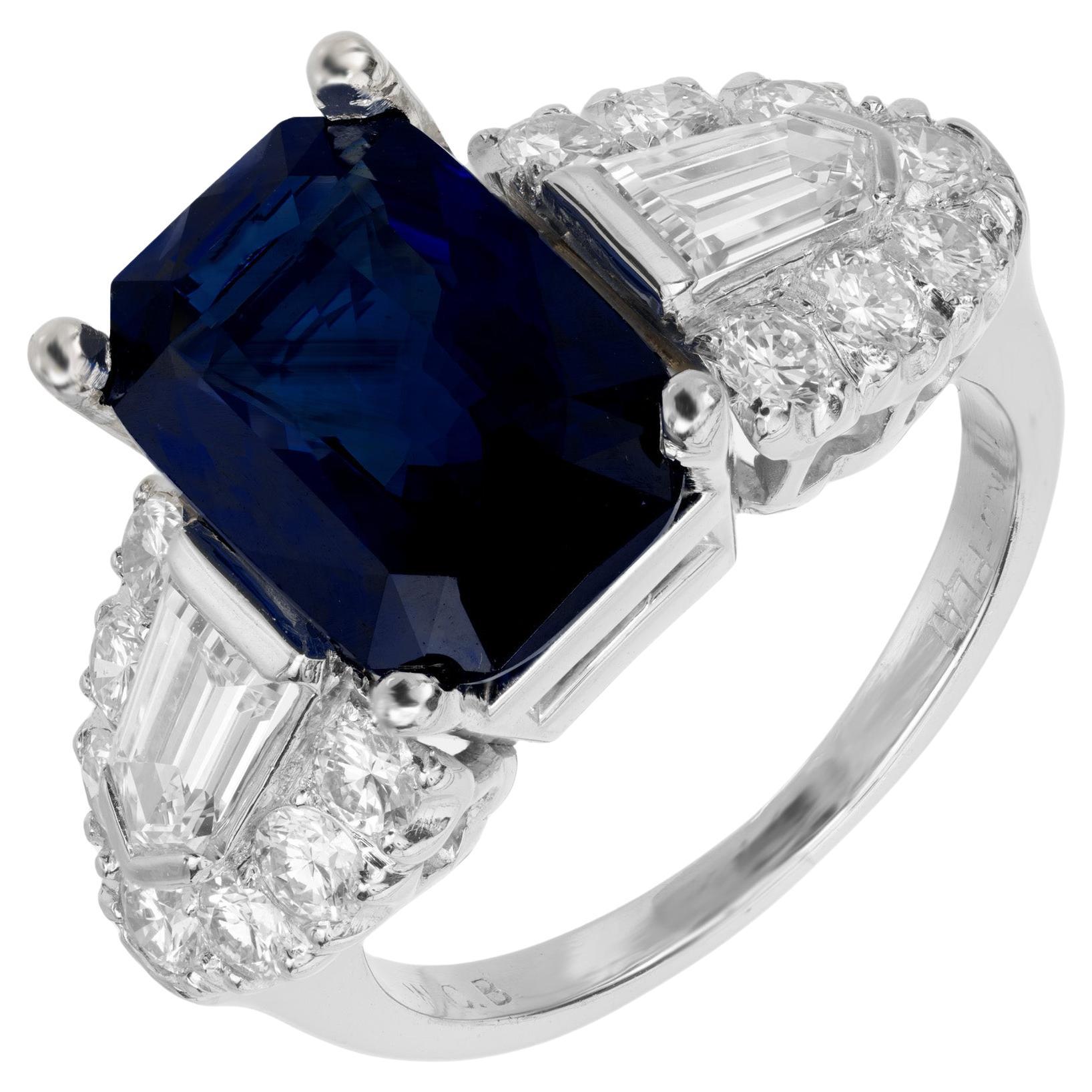 5.28 Carat Emerald Cut Sapphire Diamond Art Deco Platinum Engagement Ring For Sale