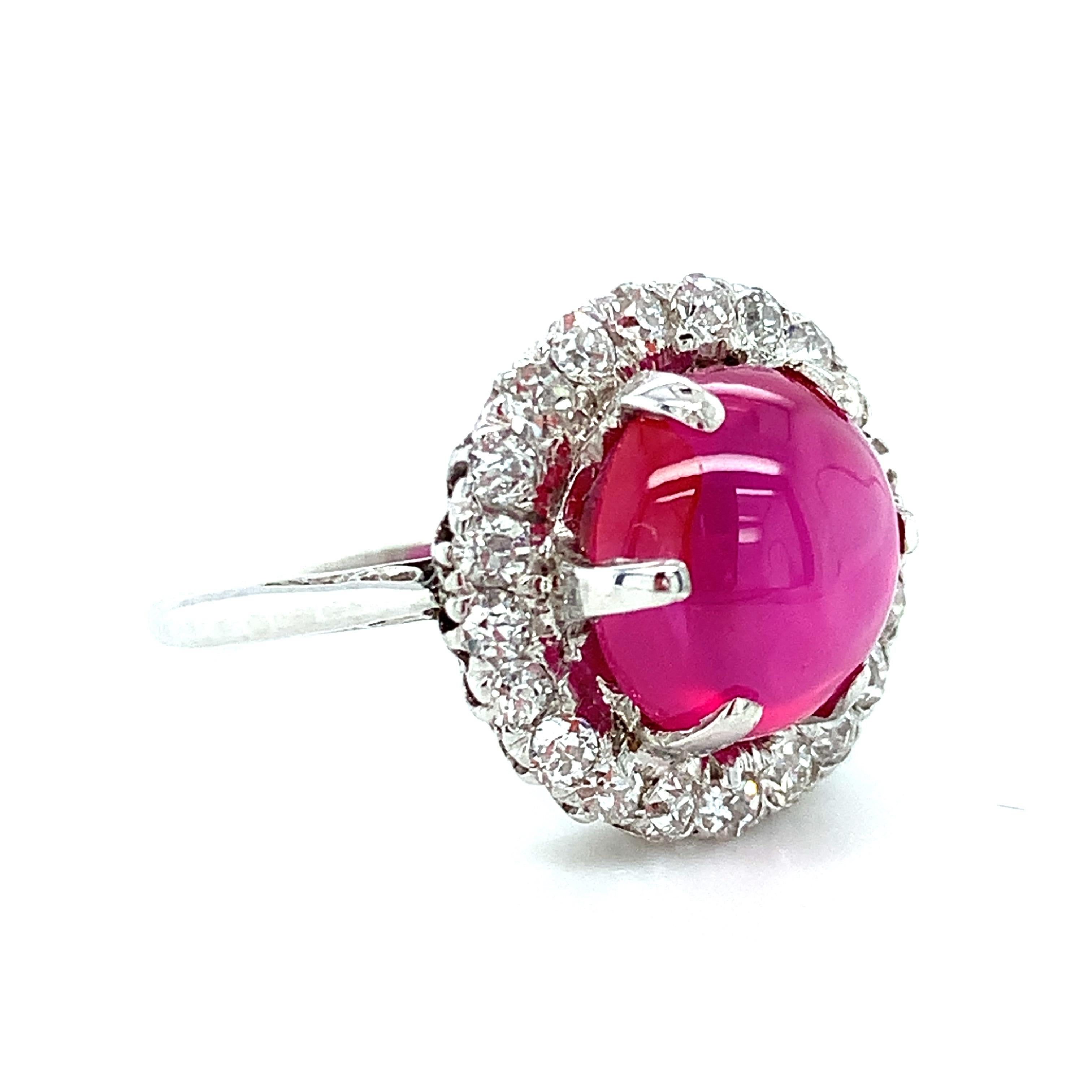 Cabochon GIA Certified Unheated Burmese Star Ruby and Diamond Platinum Ring, 5.28 Carats