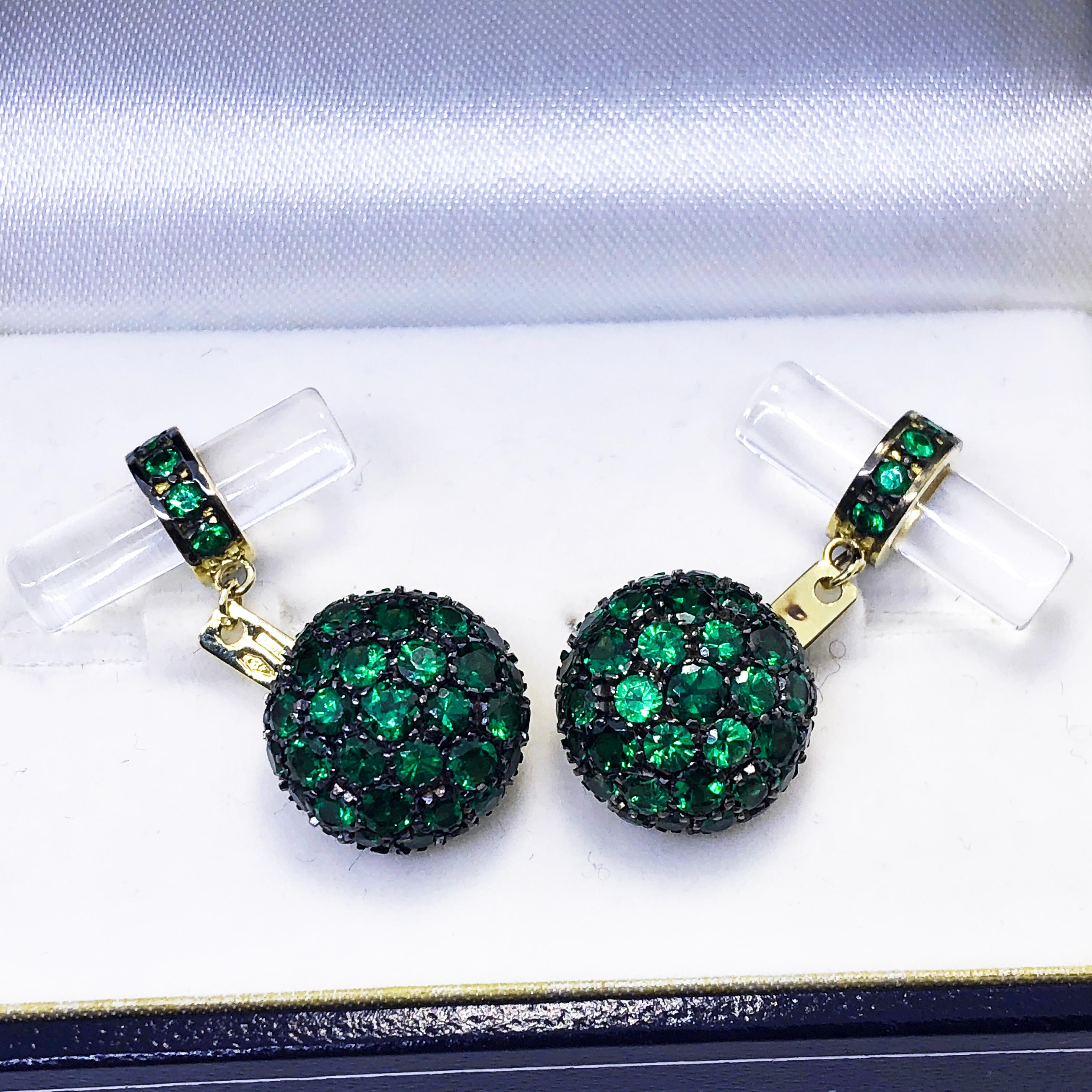 Berca 5.28 Kt Tsavorite 18Kt Black Yellow Gold Rock Crystal Baton Back Cufflinks In New Condition In Valenza, IT