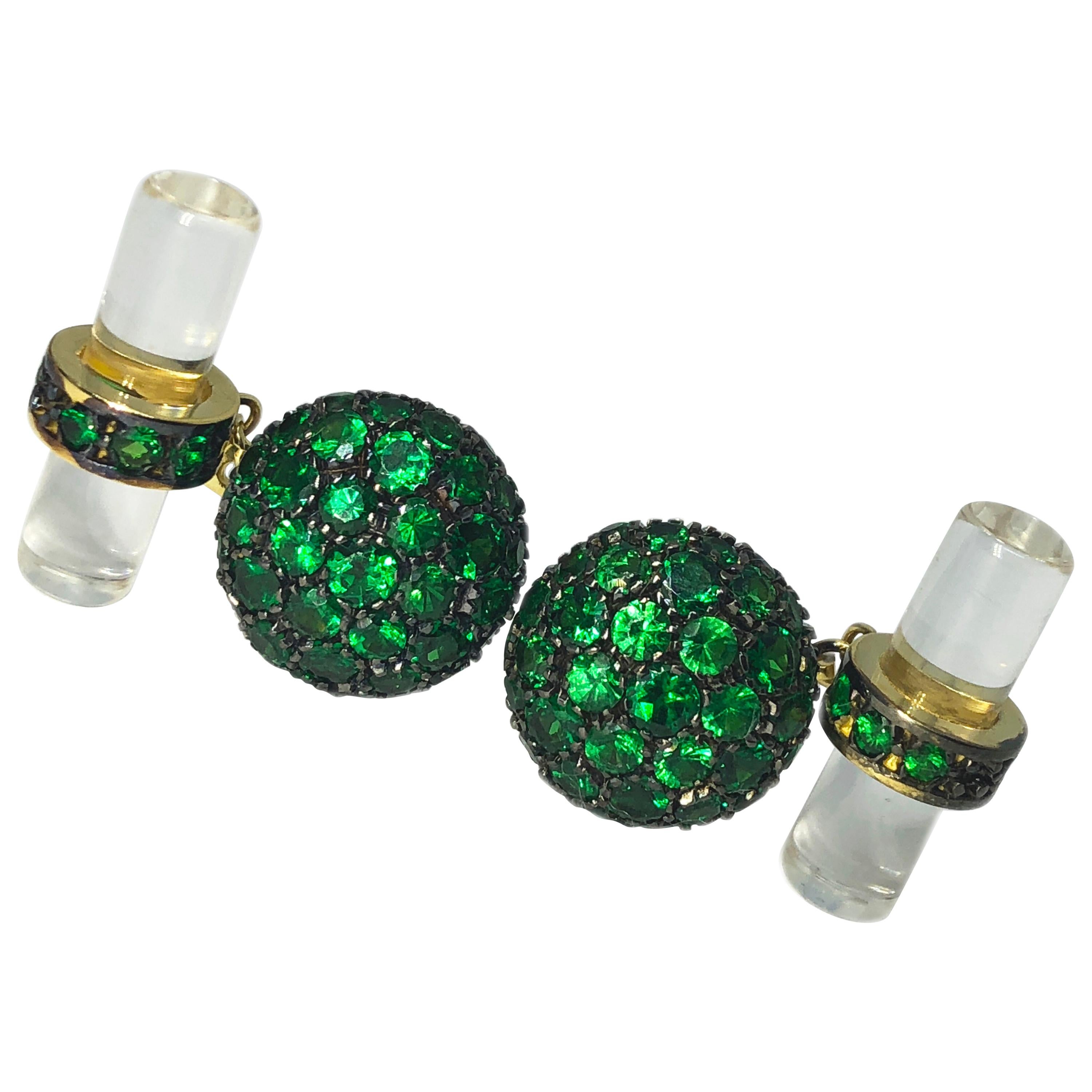 5.28 Carat Tsavorite 18Kt Black Yellow Gold Rock Crystal Baton Back Cufflinks