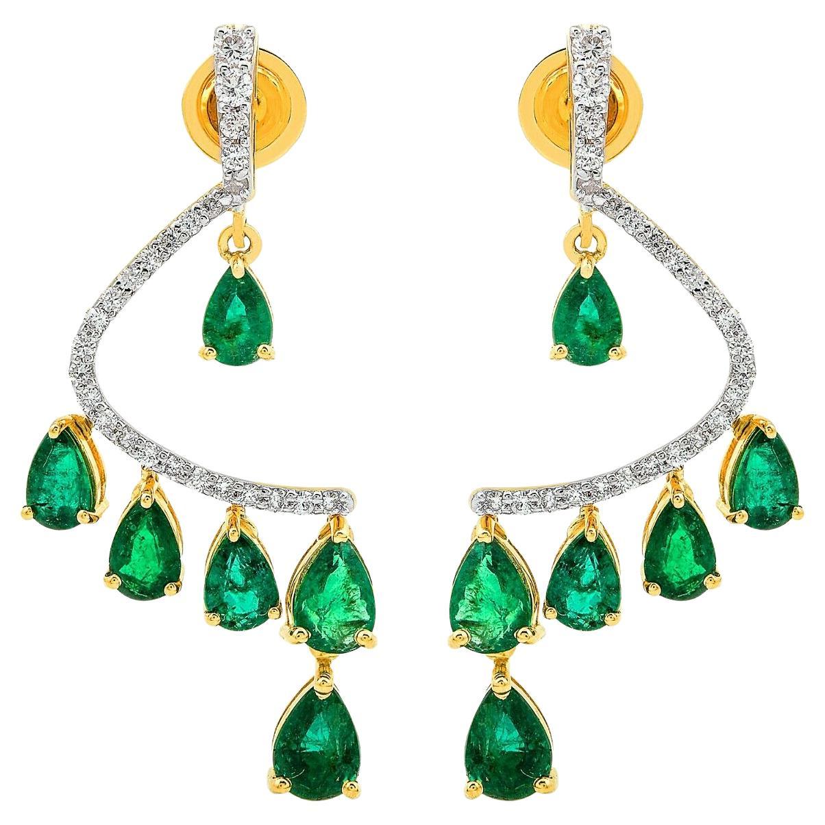 5.28 Carats Zambian Emerald Diamond 14 Karat Gold Earrings For Sale