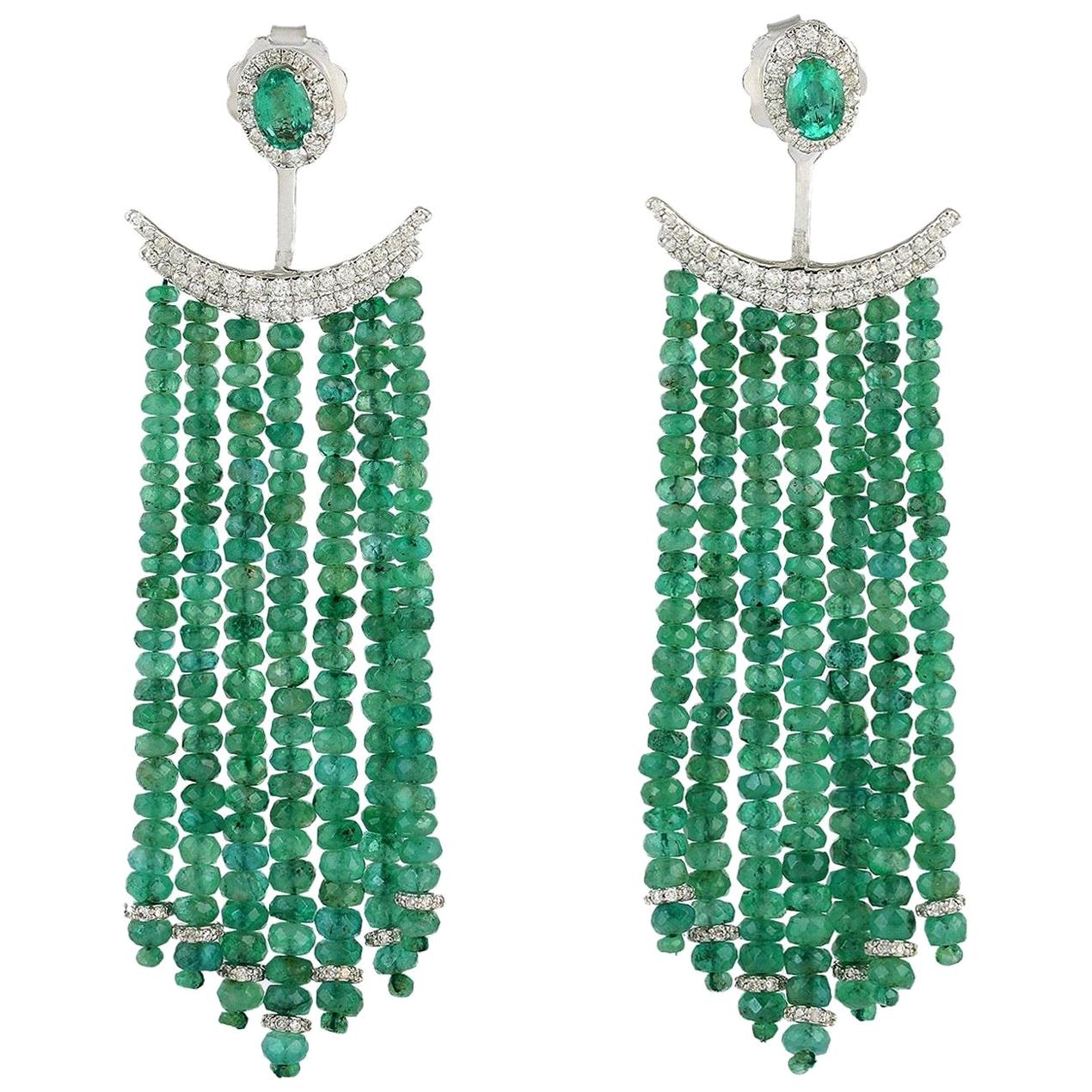 52.82 Carat Emerald Diamond 18 Karat Gold Earrings For Sale