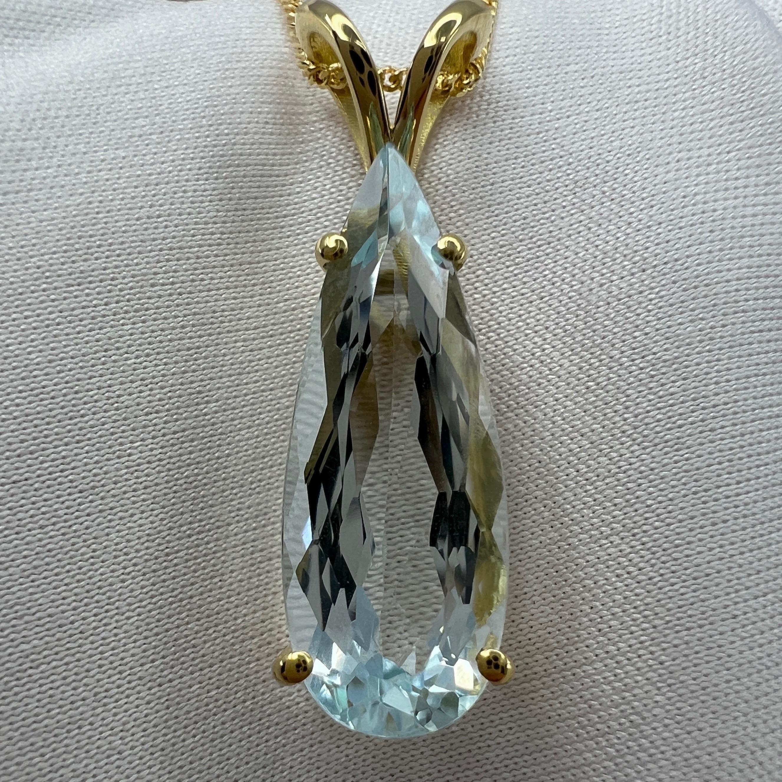 5.28ct Fine Blue Aquamarine Pear Teardrop Cut 18k Yellow Gold Pendant Necklace 1
