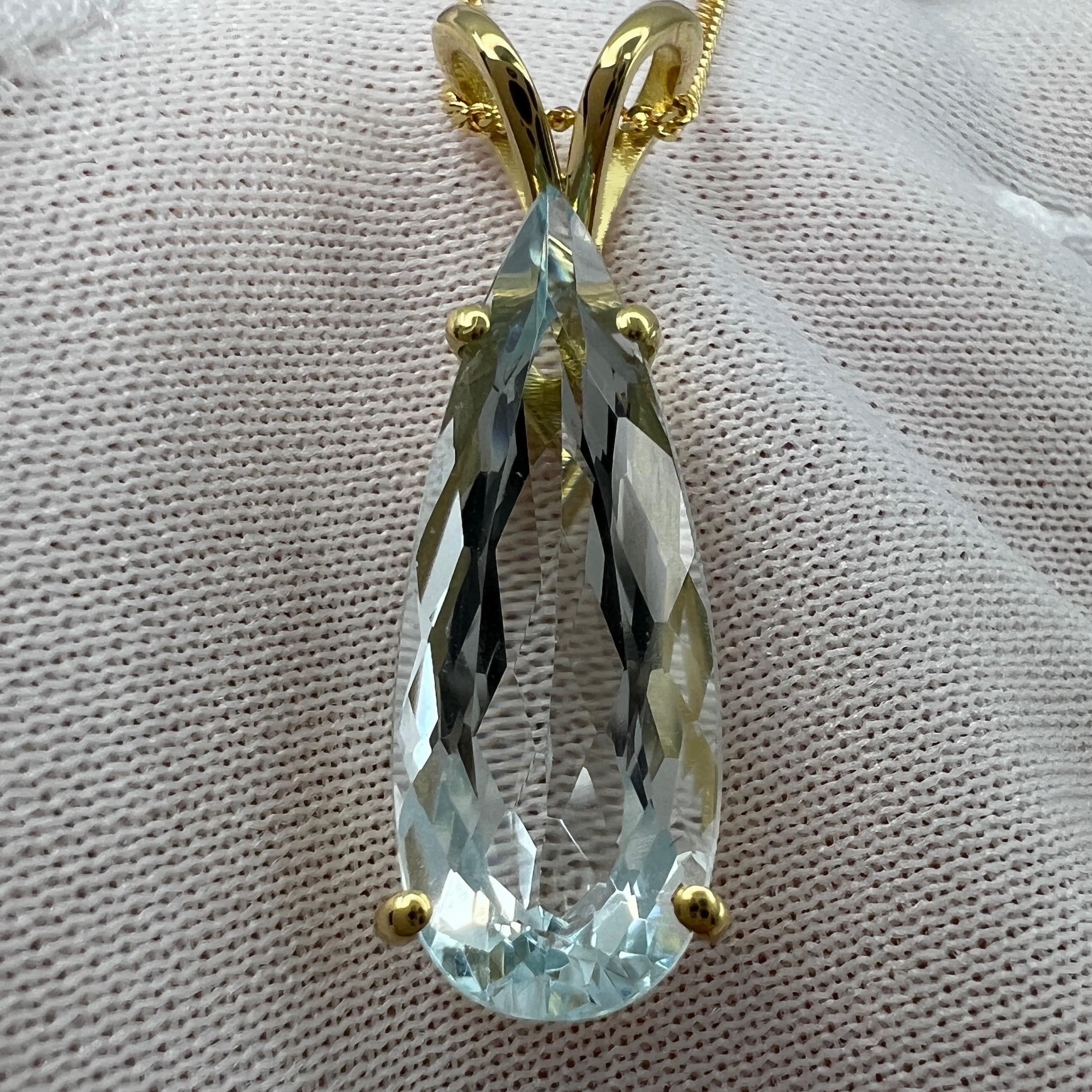 5.28ct Fine Blue Aquamarine Pear Teardrop Cut 18k Yellow Gold Pendant Necklace 2