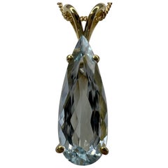 5.28ct Fine Blue Aquamarine Pear Teardrop Cut 18k Yellow Gold Pendant Necklace