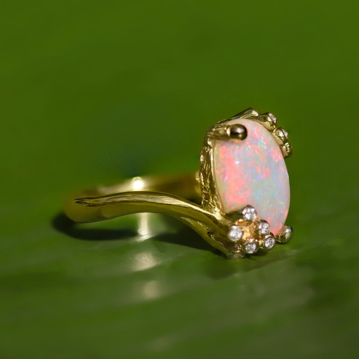 Art Nouveau Australian Light Opal, Diamond & 18K Gold Ring
