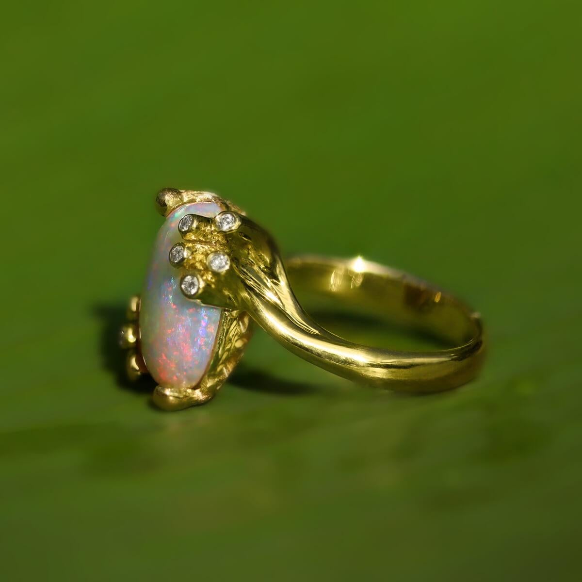 Cabochon Australian Light Opal, Diamond & 18K Gold Ring