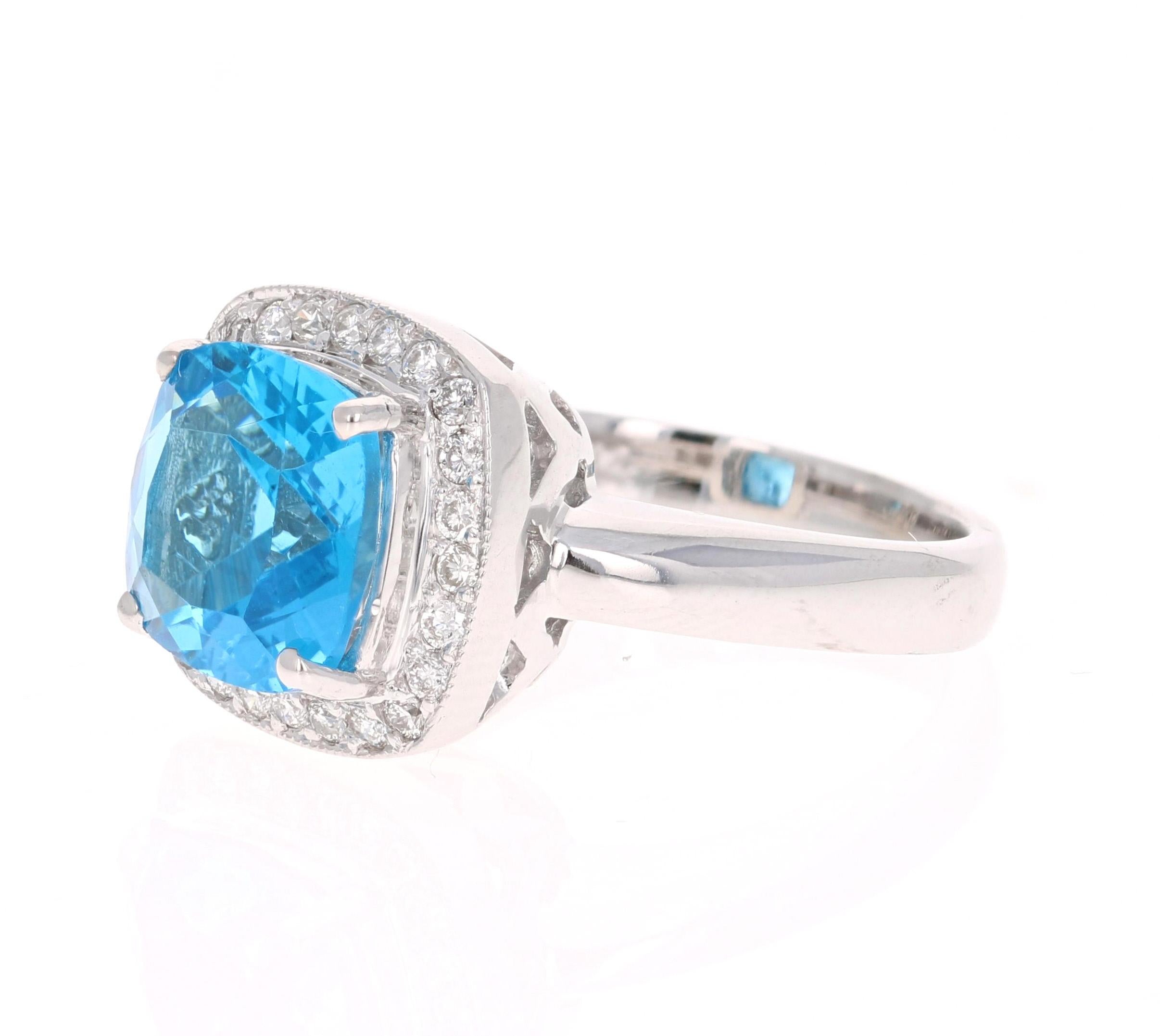 Contemporary 5.29 Carat Blue Topaz Diamond White Gold Cocktail Ring For Sale