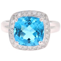 5.29 Carat Blue Topaz Diamond White Gold Cocktail Ring