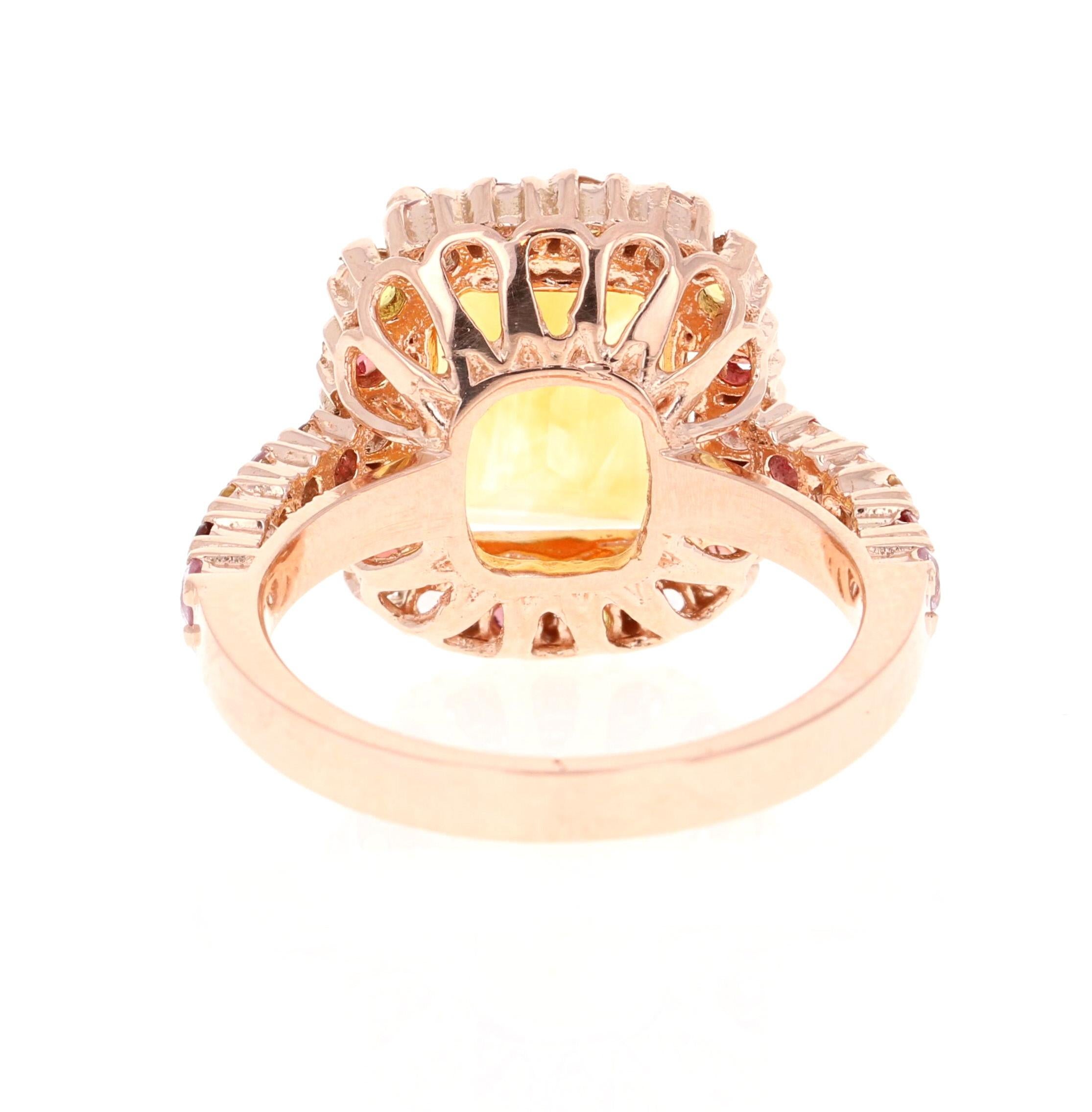 5.29 Carat Emerald Cut Citrine Sapphire Rose Gold Ring In New Condition For Sale In Los Angeles, CA