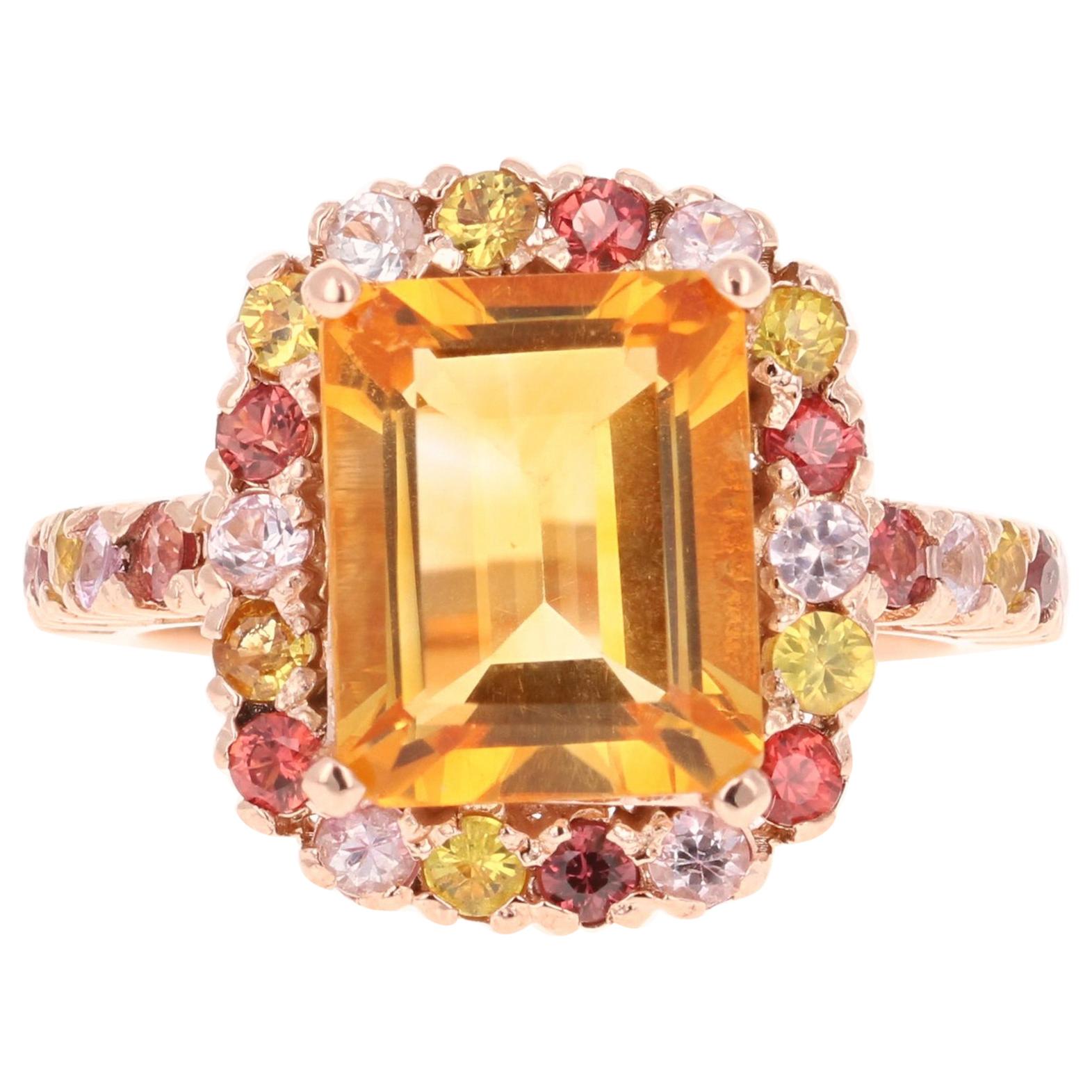 5.29 Carat Emerald Cut Citrine Sapphire Rose Gold Ring For Sale