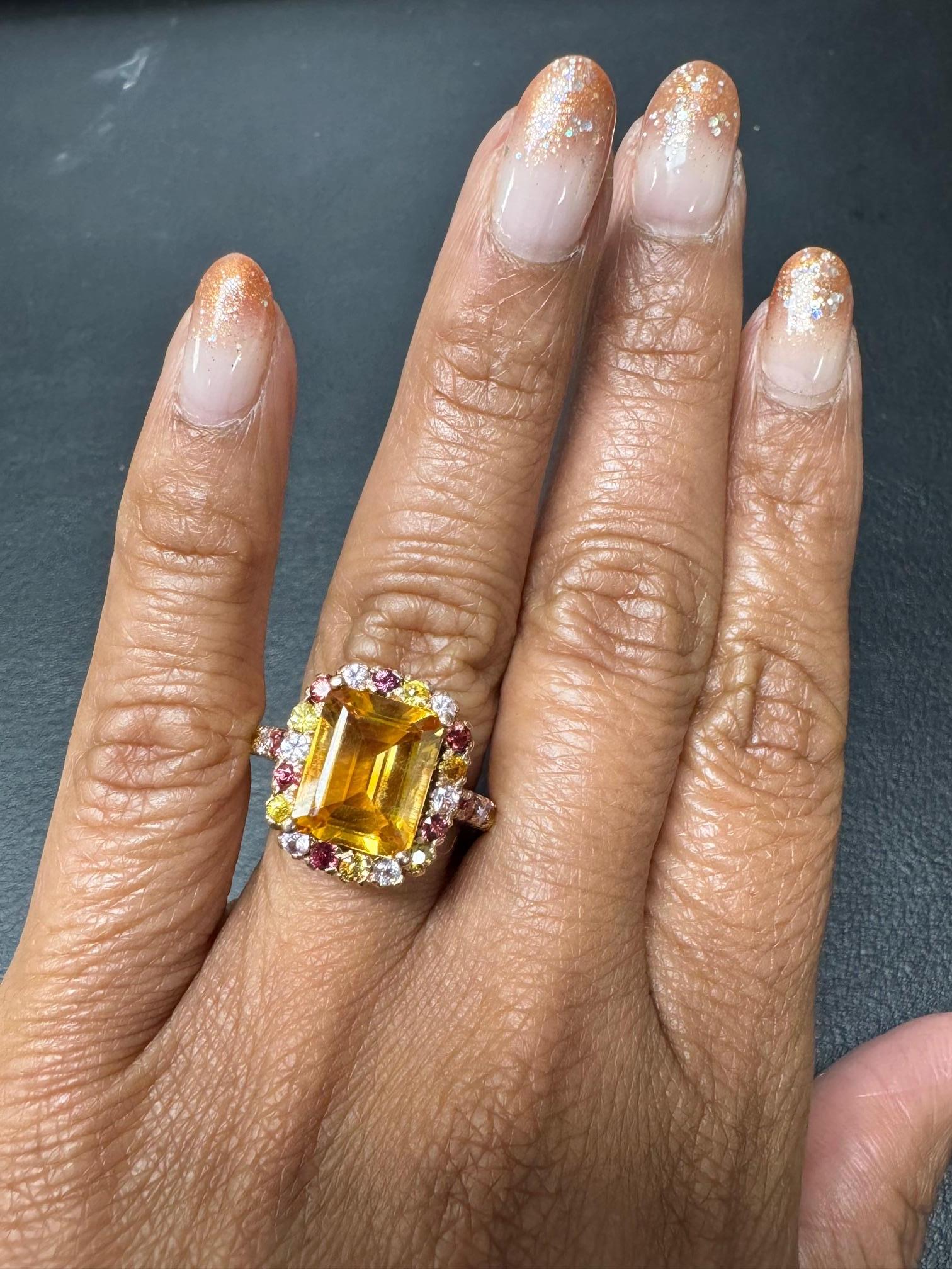 5.29 Carat Emerald Cut Citrine Sapphire Rose Gold Ring en vente 4