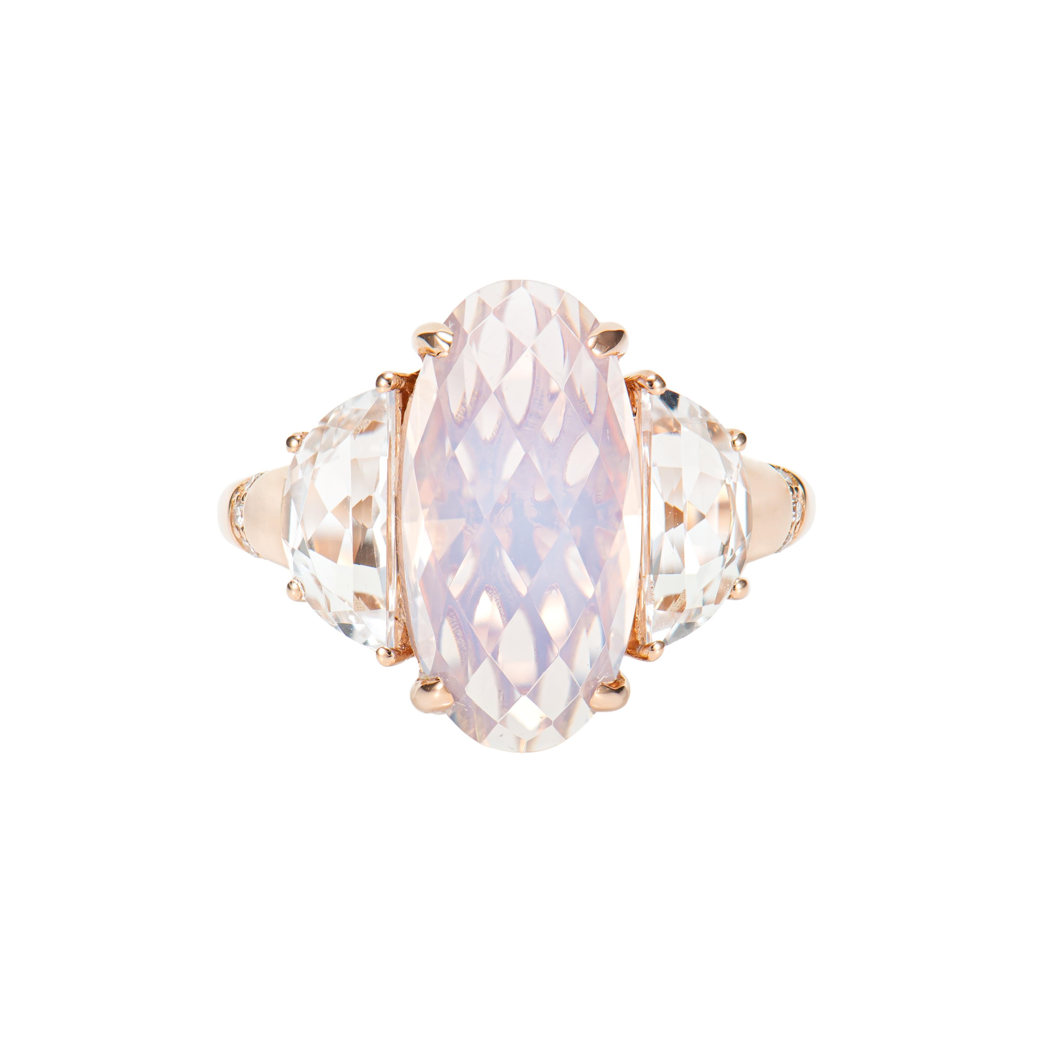 Contemporary 5.29 Carat Lavender Quartz Antique Ring in 18KRG with White Topaz and Diamond. For Sale