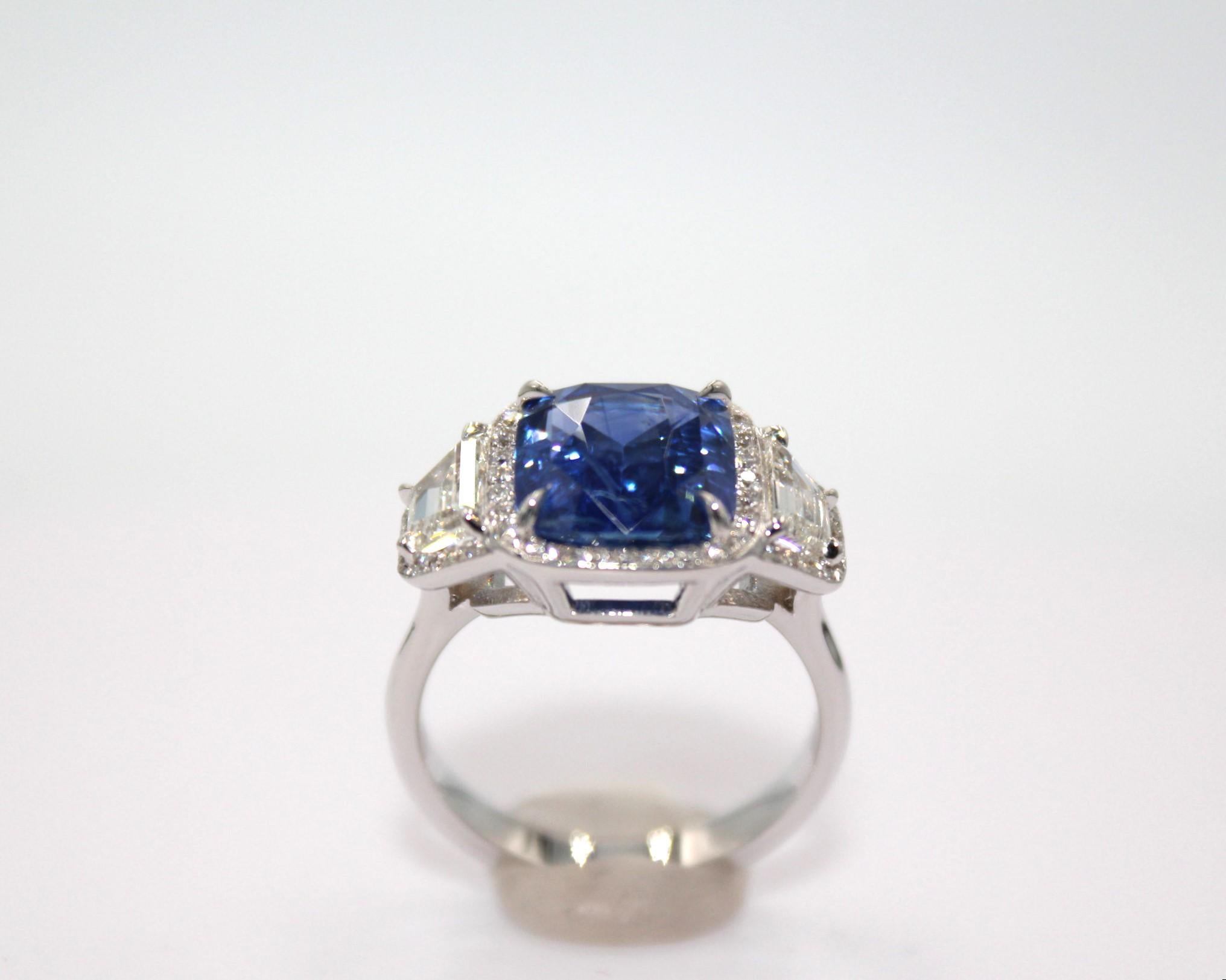 Cushion Cut 5.29 Carat Sapphire Diamond Ring  For Sale