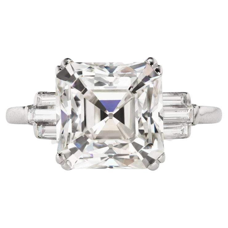 5.29ct Asscher Cut Diamond Art Deco Ring For Sale