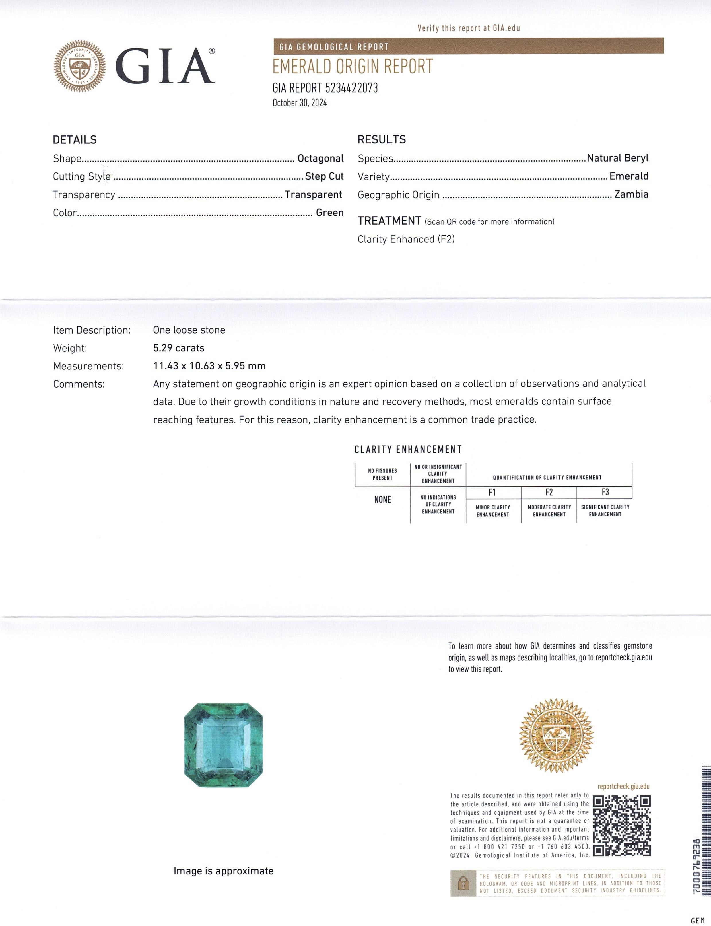 Émeraude verte octogonale/émeraude taille émeraude certifiée GIA (F2) de 5,29 carats Unisexe en vente