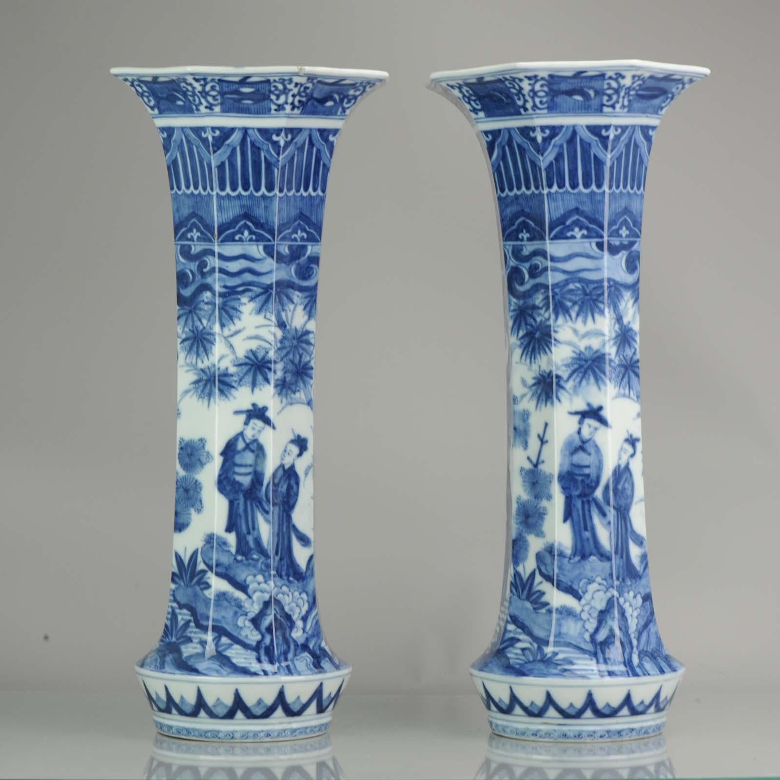 Pair of Octagonal Antique Japanese Porcelain Vases Figures Garden For Sale 5