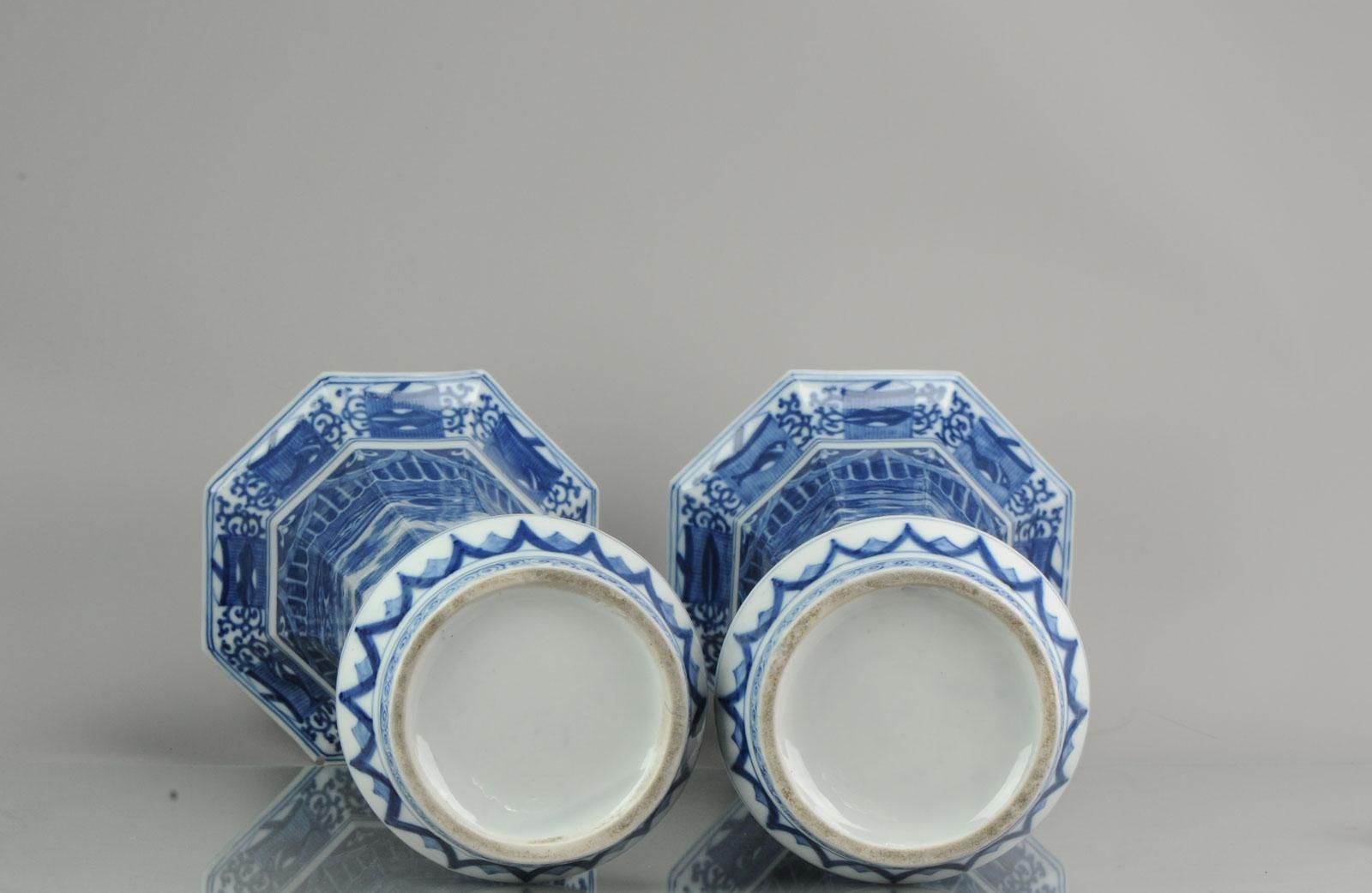 Pair of Octagonal Antique Japanese Porcelain Vases Figures Garden For Sale 7