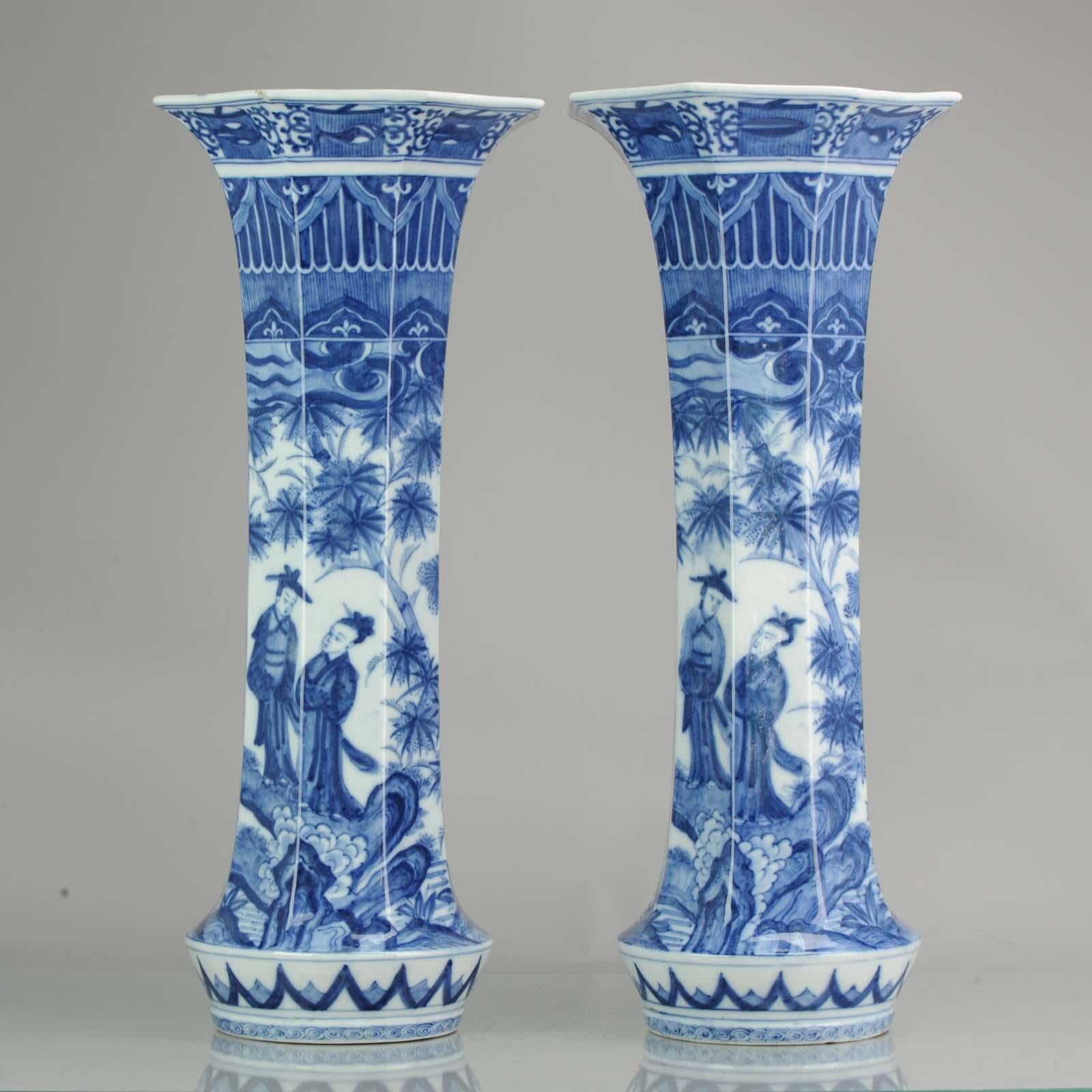 Meiji Pair of Octagonal Antique Japanese Porcelain Vases Figures Garden For Sale