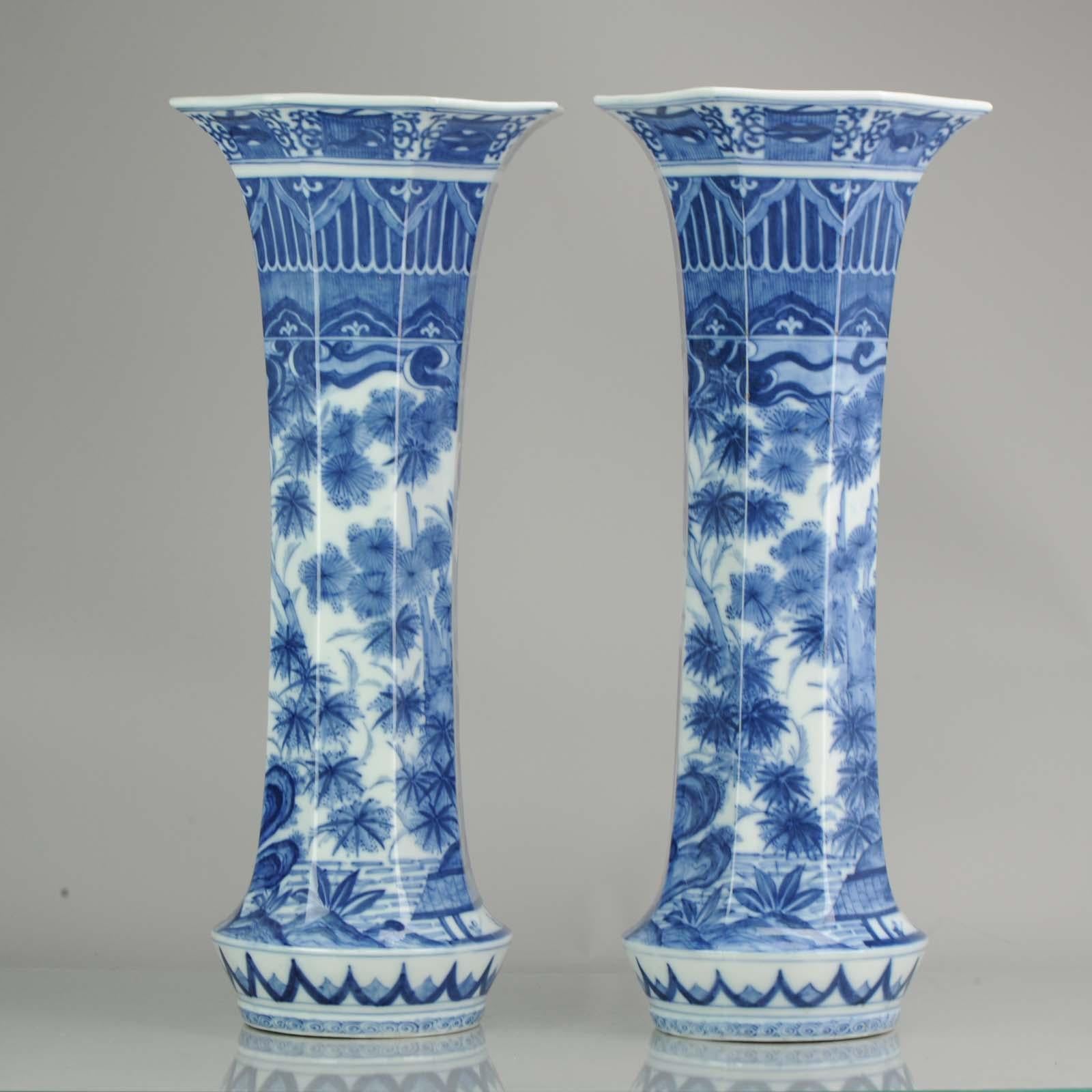 19th Century Pair of Octagonal Antique Japanese Porcelain Vases Figures Garden For Sale
