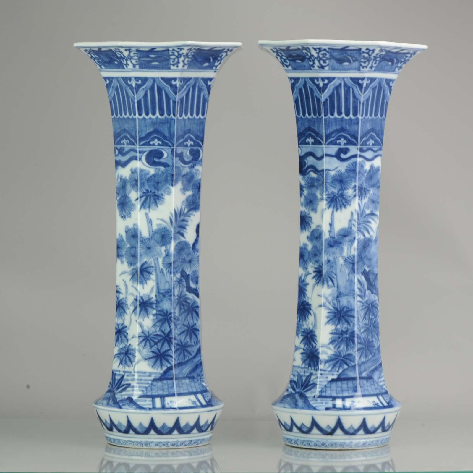 Pair of Octagonal Antique Japanese Porcelain Vases Figures Garden For Sale 1