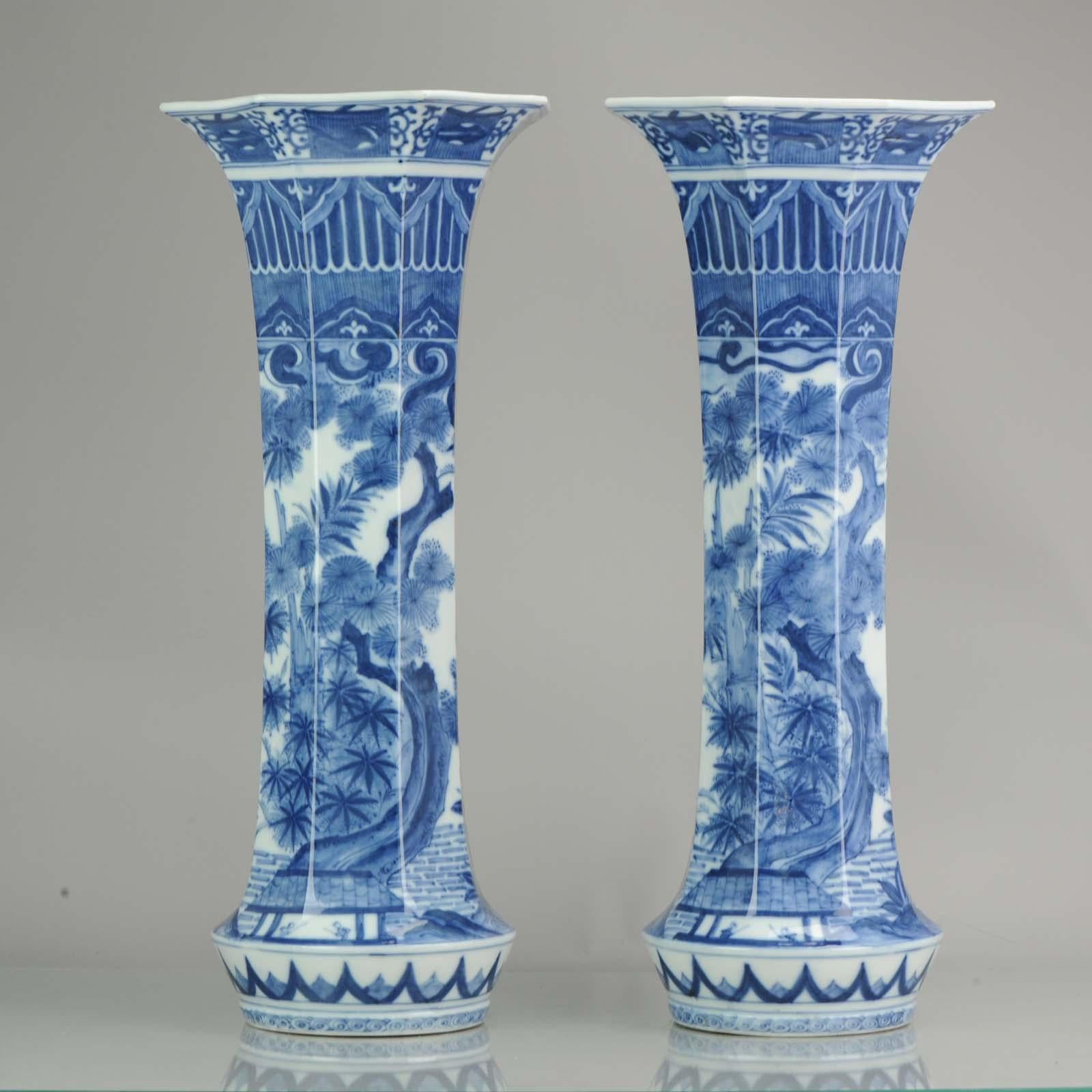 Pair of Octagonal Antique Japanese Porcelain Vases Figures Garden For Sale 2