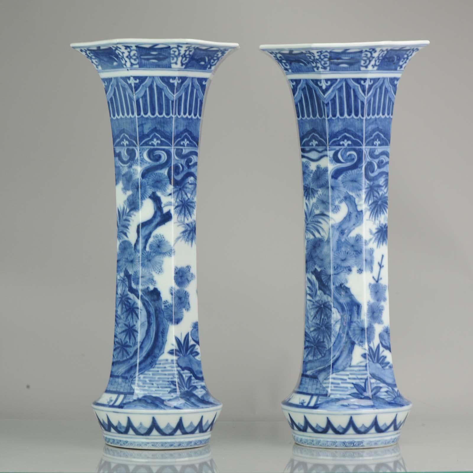 Pair of Octagonal Antique Japanese Porcelain Vases Figures Garden For Sale 3