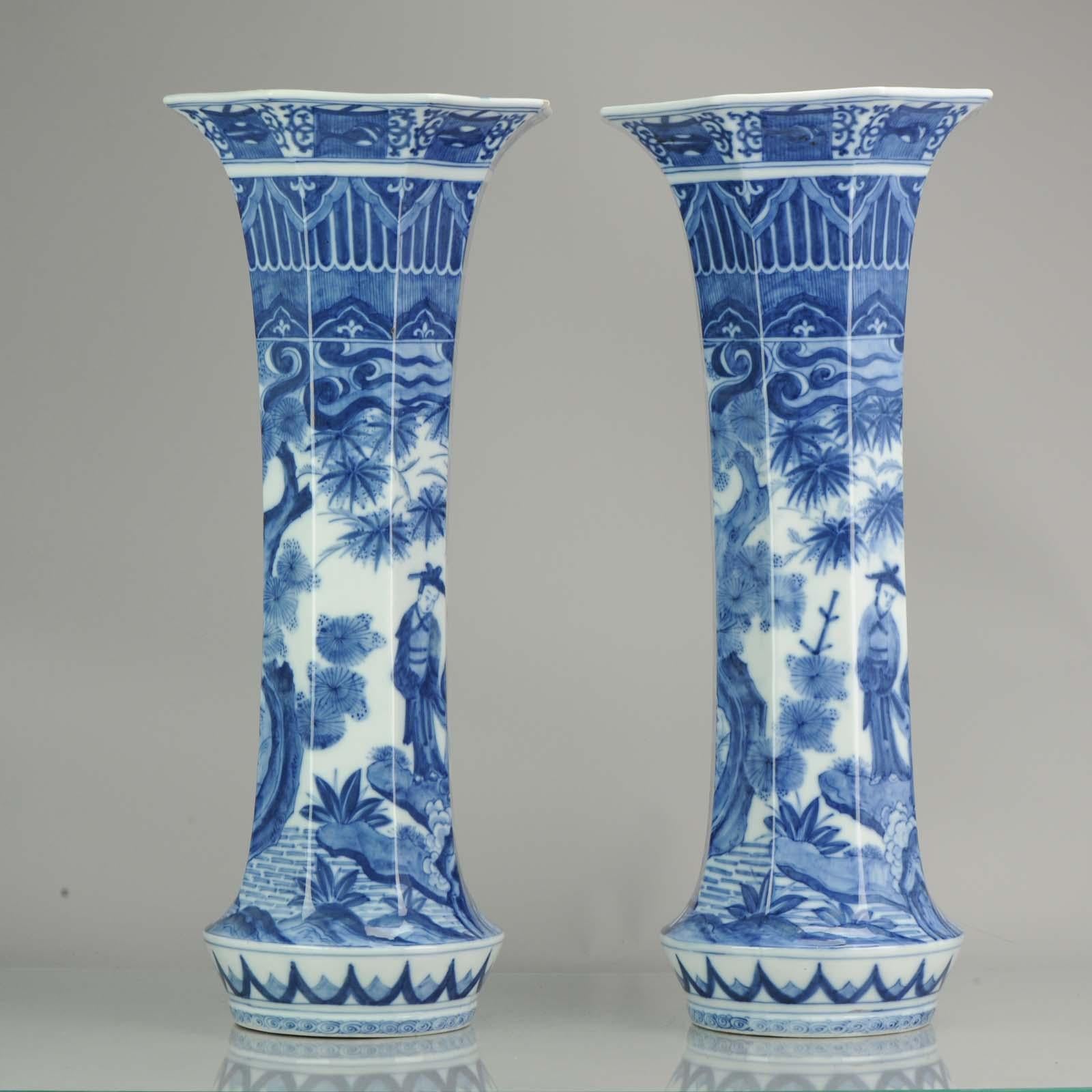 Pair of Octagonal Antique Japanese Porcelain Vases Figures Garden For Sale 4