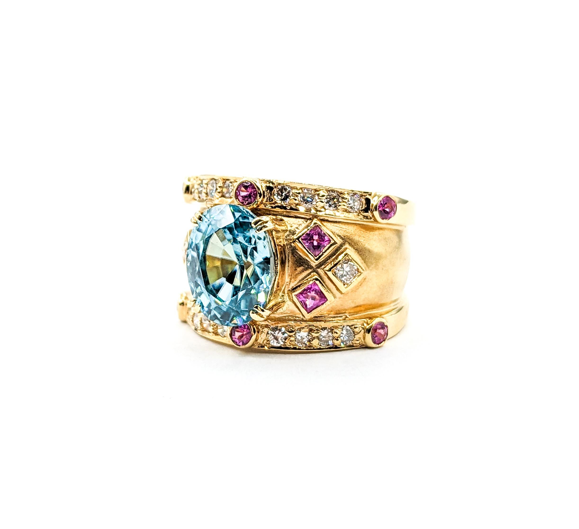 5.2ct blue zircon & Diamond & .50ctw Pink Sapphire Ring In Yellow Gold For Sale 4