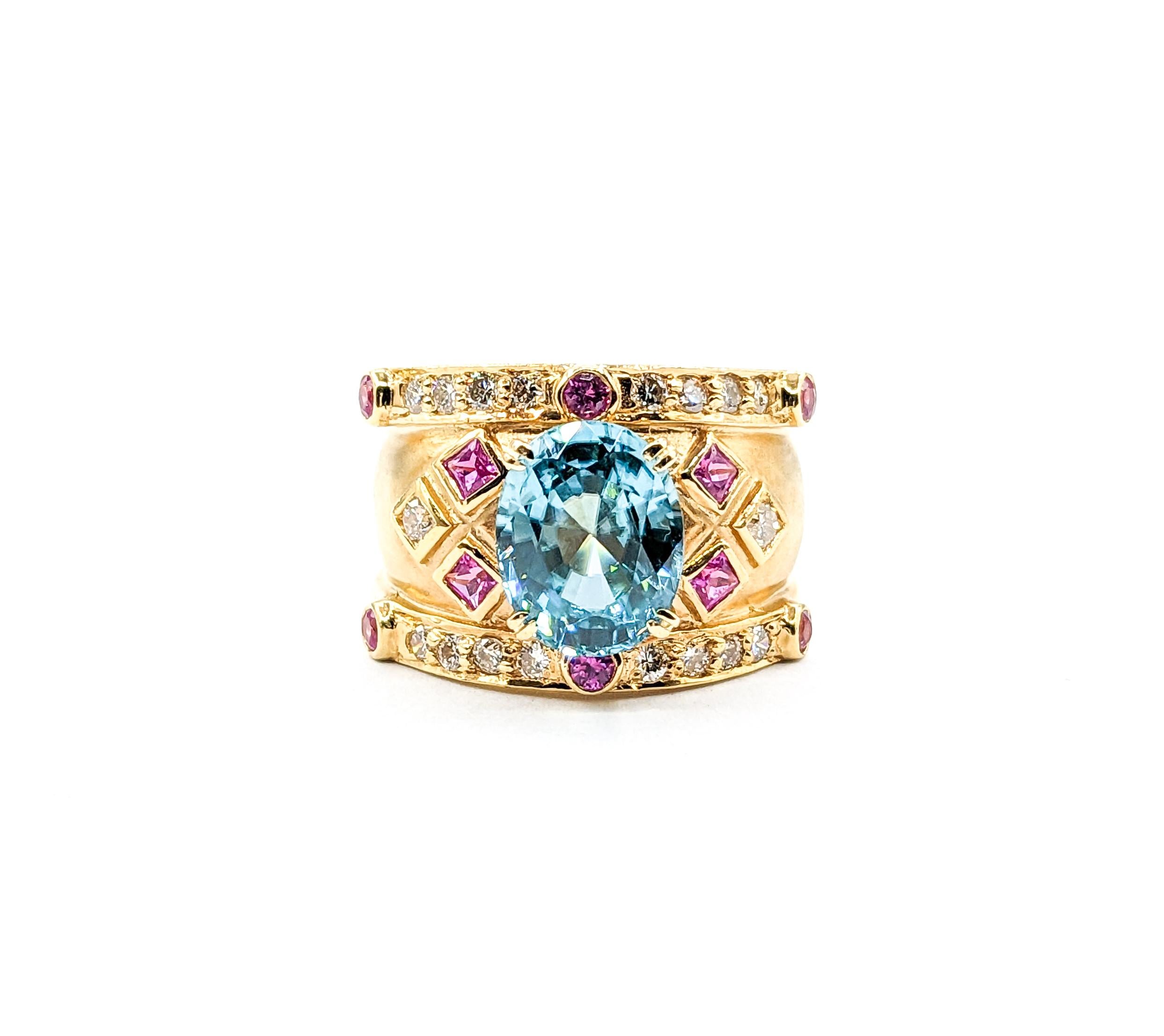 5.2ct blue zircon & Diamond & .50ctw Pink Sapphire Ring In Yellow Gold For Sale 5