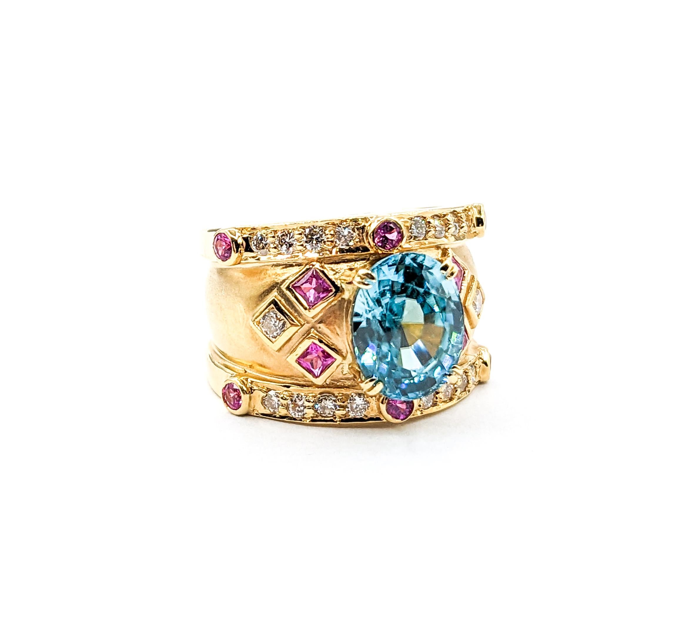 5.2ct blue zircon & Diamond & .50ctw Pink Sapphire Ring In Yellow Gold For Sale 2