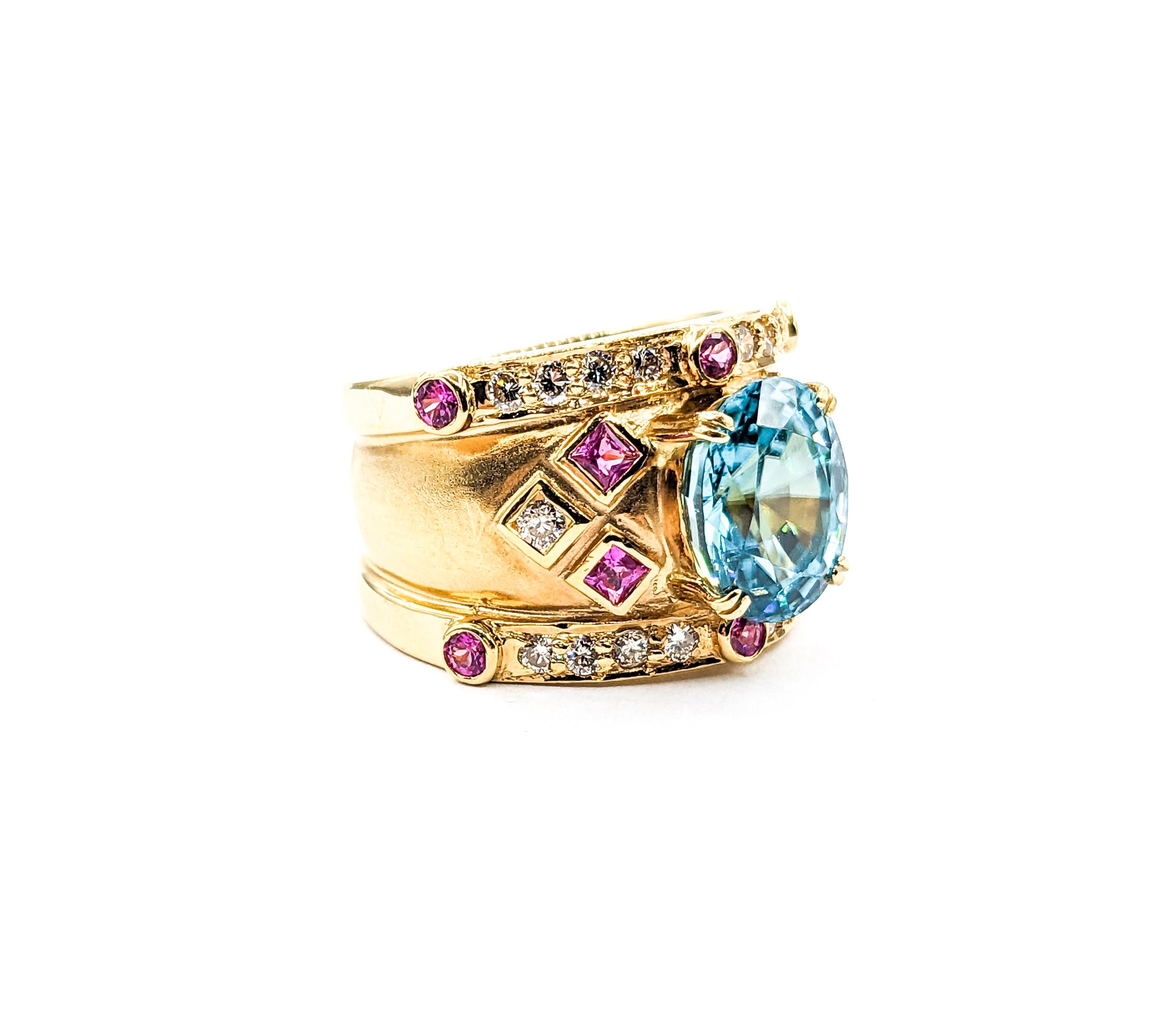5.2ct blue zircon & Diamond & .50ctw Pink Sapphire Ring In Yellow Gold For Sale 3