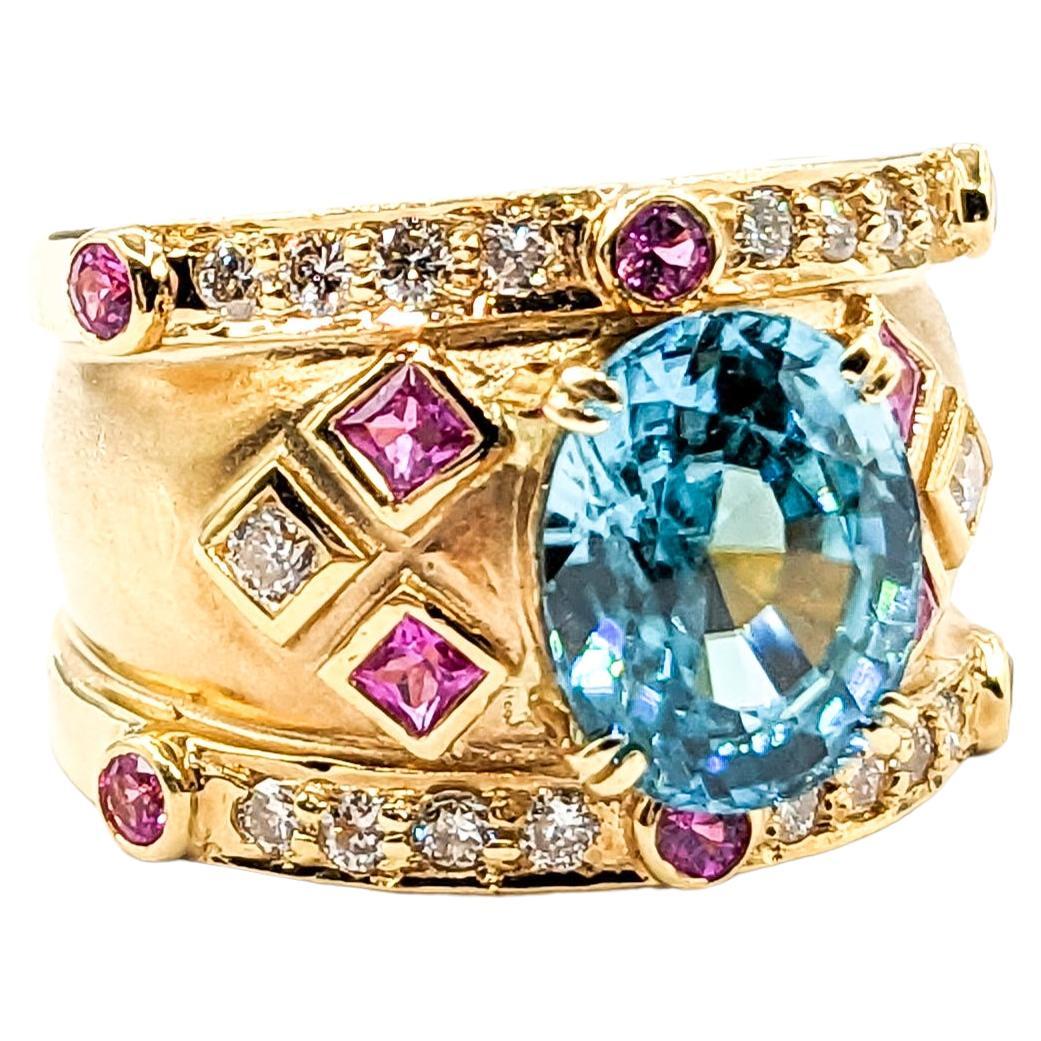5.2ct blue zircon & Diamond & .50ctw Pink Sapphire Ring In Yellow Gold
